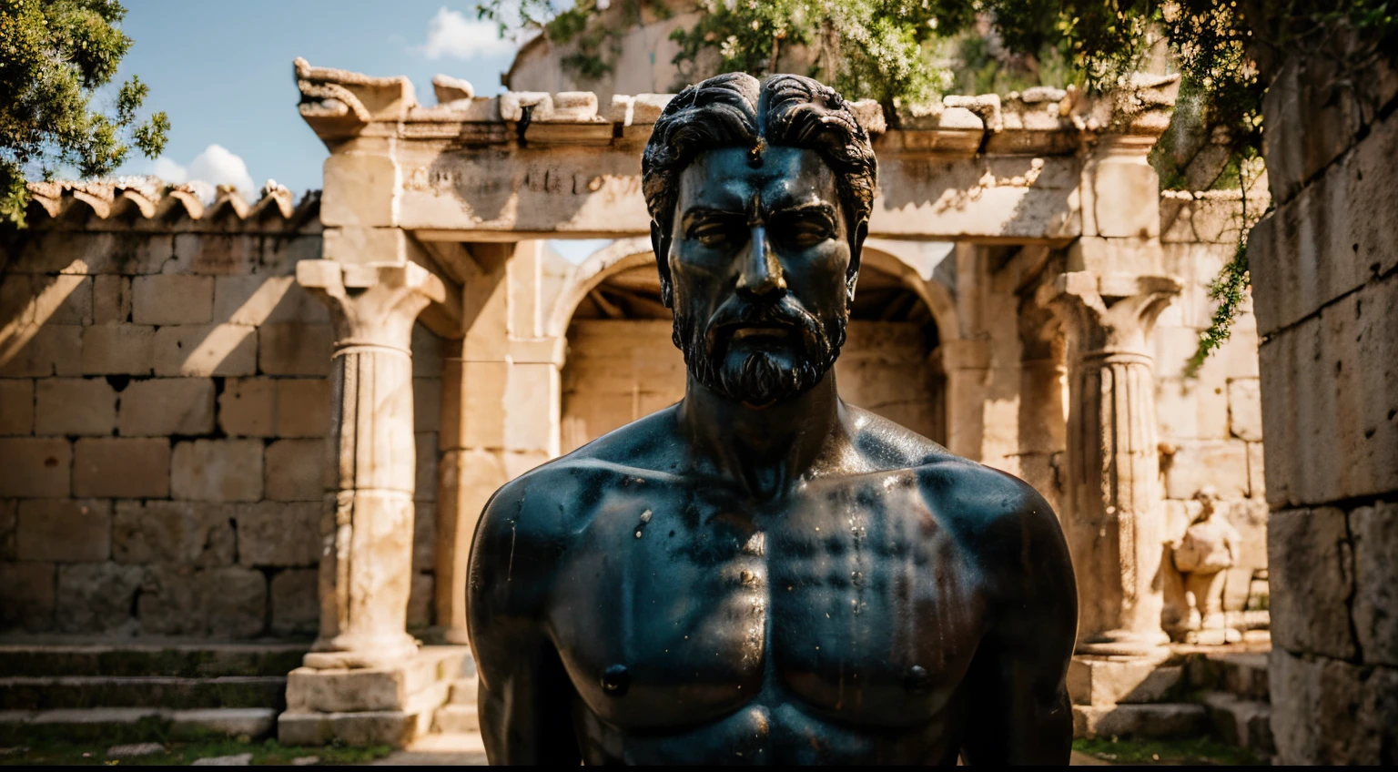 Ancient Stoic Statue With Very Angry Expression, tem barba, muitos detalhes em ambos os olhos, Outside, fundo atenas grego, open sky, com rosto extremamente detalhado full body view, Colors with low saturation with dark tone, Filmado em Sony A7S III com Sony FE 35mm f/1.8, 12.1 MP, --AR 3:2 --estilo cru