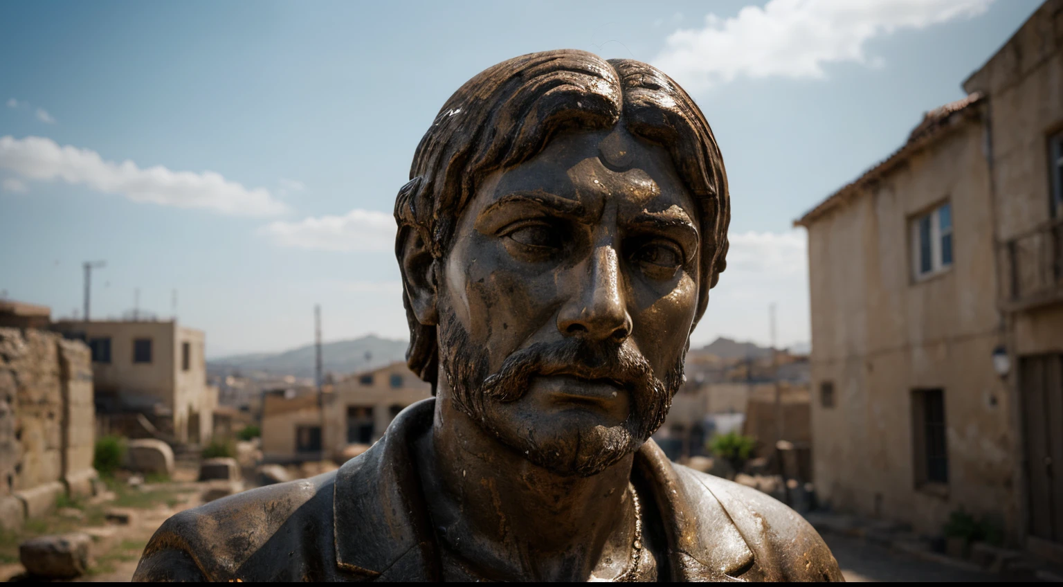 Ancient Stoic Statue With Very Angry Expression, tem barba, muitos detalhes em ambos os olhos, Outside, fundo atenas grego, open sky, com rosto extremamente detalhado full body view, Colors with low saturation with dark tone, Filmado em Sony A7S III com Sony FE 35mm f/1.8, 12.1 MP, --AR 3:2 --estilo cru
