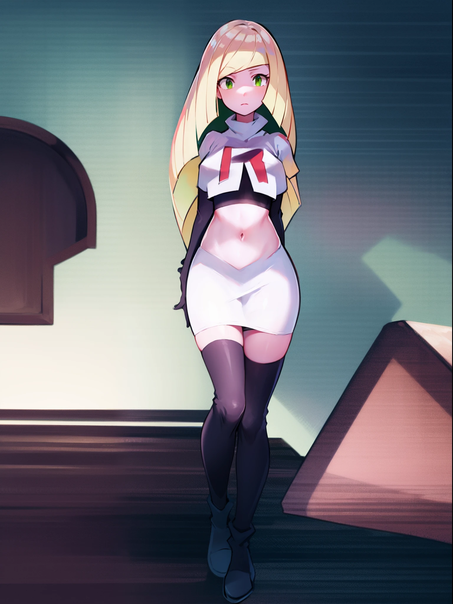 pokemonlusamine,green eyes,team rocket,team rocket uniform,white skirt,crop top,black thigh-high boots,black elbow gloves,