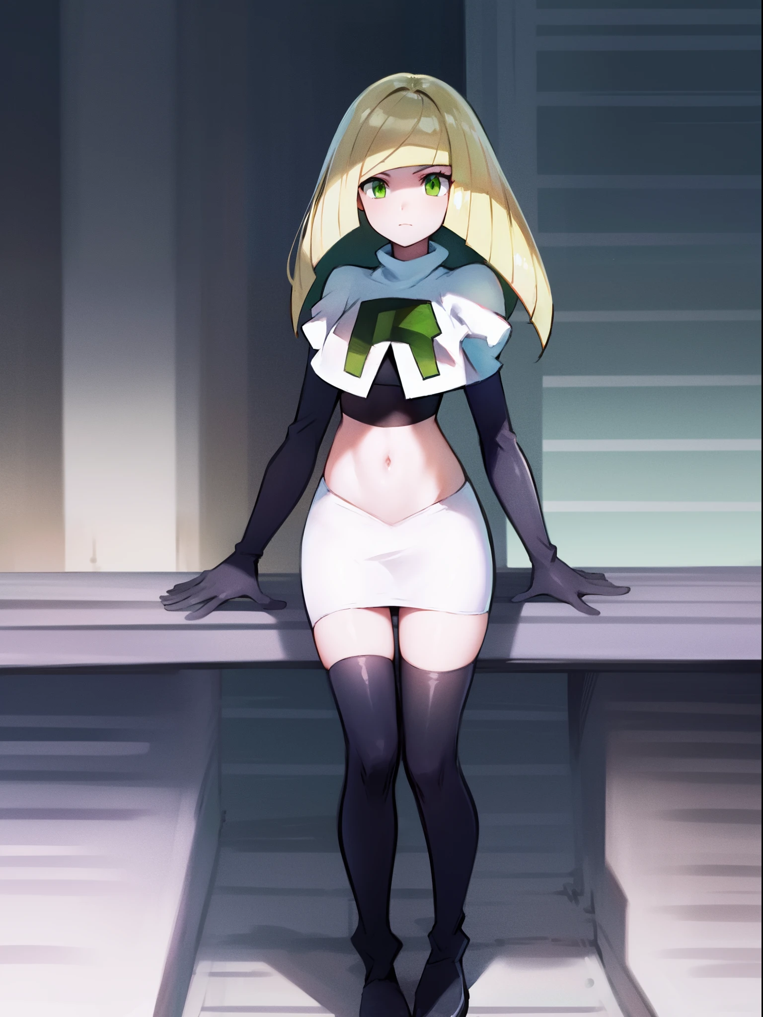 pokemonlusamine,green eyes,team rocket,team rocket uniform,white skirt,crop top,black thigh-high boots,black elbow gloves,