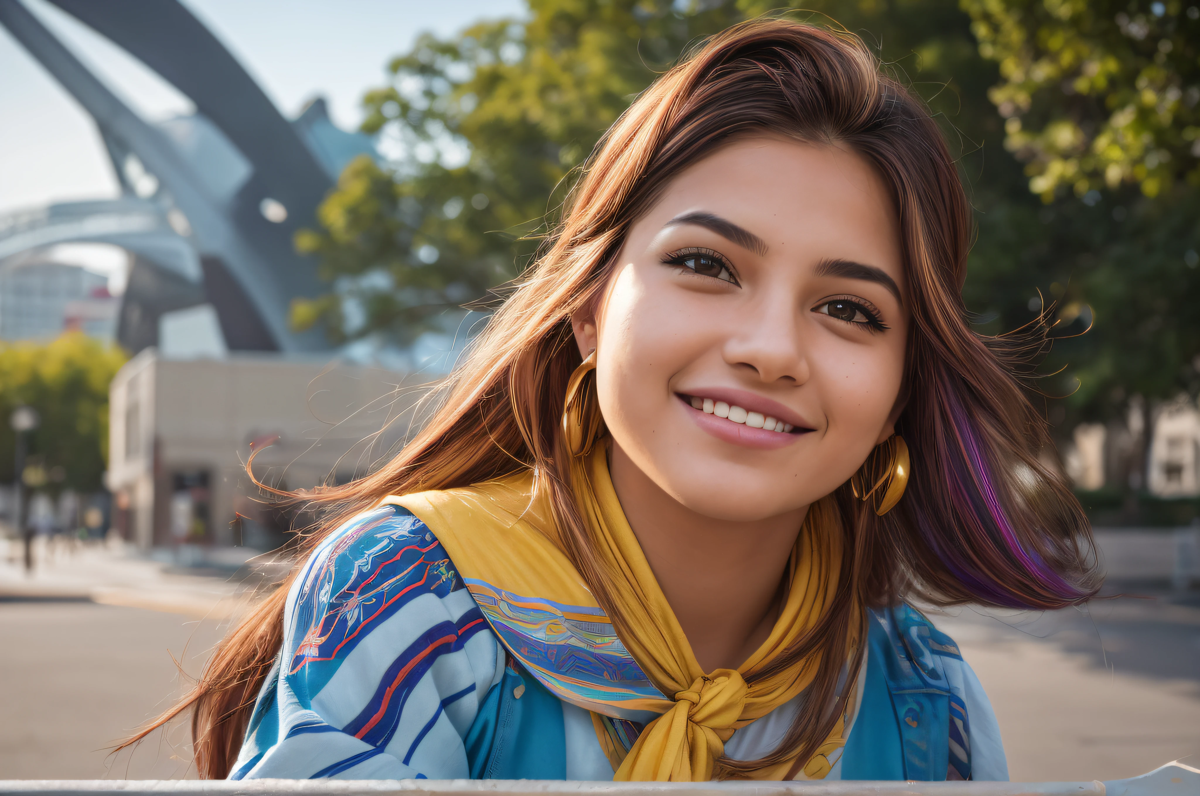 multicolored hair, crown, dashed eyes, smile, Hyperrealism, cinematic lighting, close-up, Ultra-Wide Angle, 135mm, Canon, best quality, high quality, super detail 20-year-old Brazilian student ambles through the bustling university campus. Dressed in lively attire, her carefree hair dances with the breeze. The details on her face showcase a mix of curiosity and focus. In the backdrop, murals of abstract and futuristic urban art contribute to the modern and inspiring ambiance. Engaged in conversations, she exudes a vibrant presence, navigating an academic environment that seamlessly fuses art, innovation, and learning.