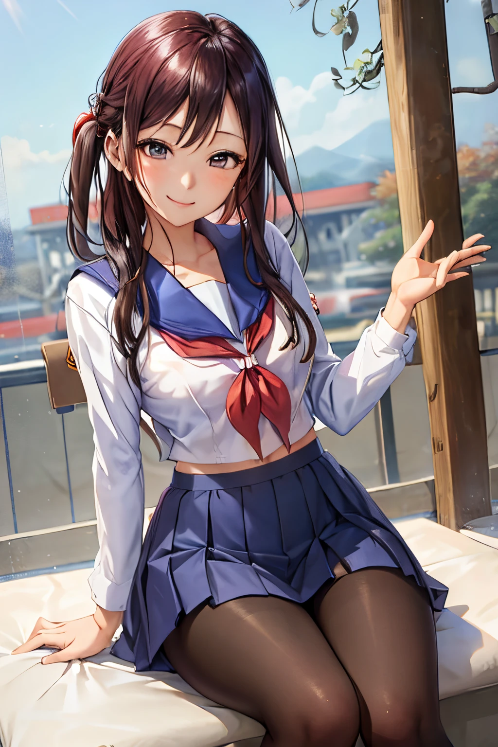1 girl in、(Erika)Pose in front of the camera、(looking at viewert:1.2)、A smile、length hair、((Japan school uniform))、Nothing background、((pantyhose))、((a miniskirt))、((a sailor suit))