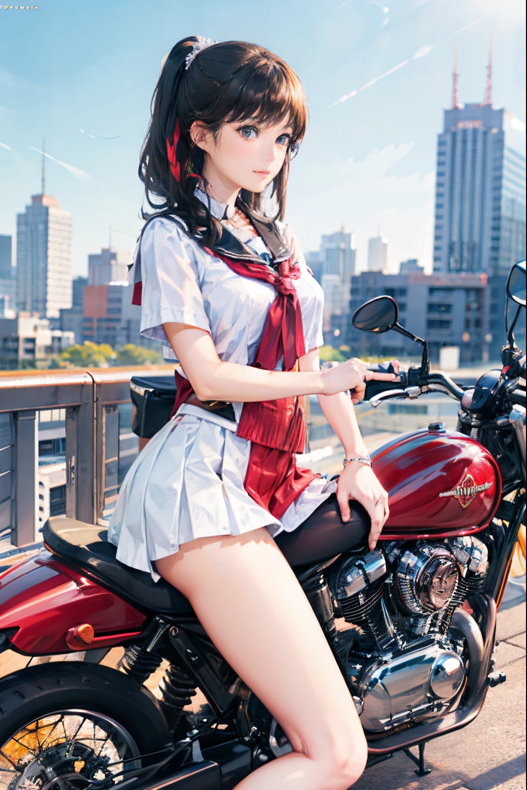 Japan schoolgirl riding motorcycle,a miniskirt、White panty、open legs、show white panties,spread legs,poneyTail、beautiful thigh、her knees are up、I can see white pants.、Beautiful panties、beautiful  Girl、Beautie、Beautie、lolicon hentai、Beautiful panties、beautiful thigh、beautiful  Girl、Beautie、Happy!!!, , motor cycle,[ photos realistic ]!!, hight resolution,