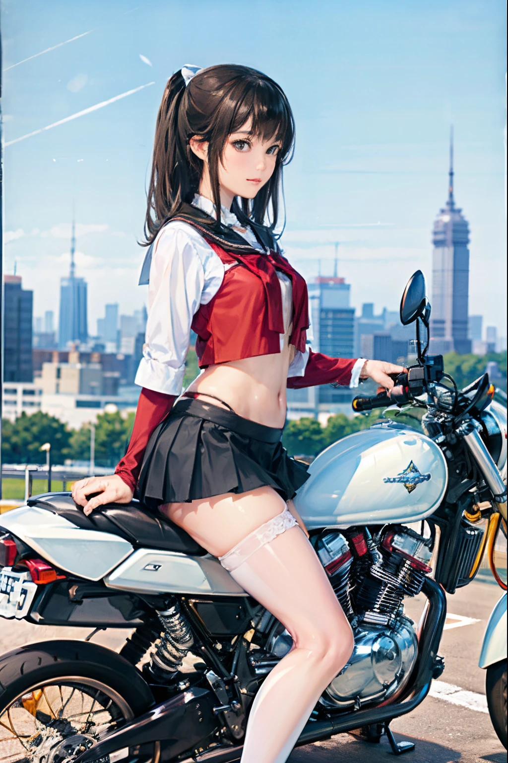 Japan schoolgirl riding motorcycle,a miniskirt、White panty、open legs、show white panties,spread legs,poneyTail、beautiful thigh、her knees are up、I can see white pants.、Beautiful panties、beautiful  Girl、Beautie、Beautie、lolicon hentai、Beautiful panties、beautiful thigh、beautiful  Girl、Beautie、Happy!!!, , motor cycle,[ photos realistic ]!!, hight resolution,