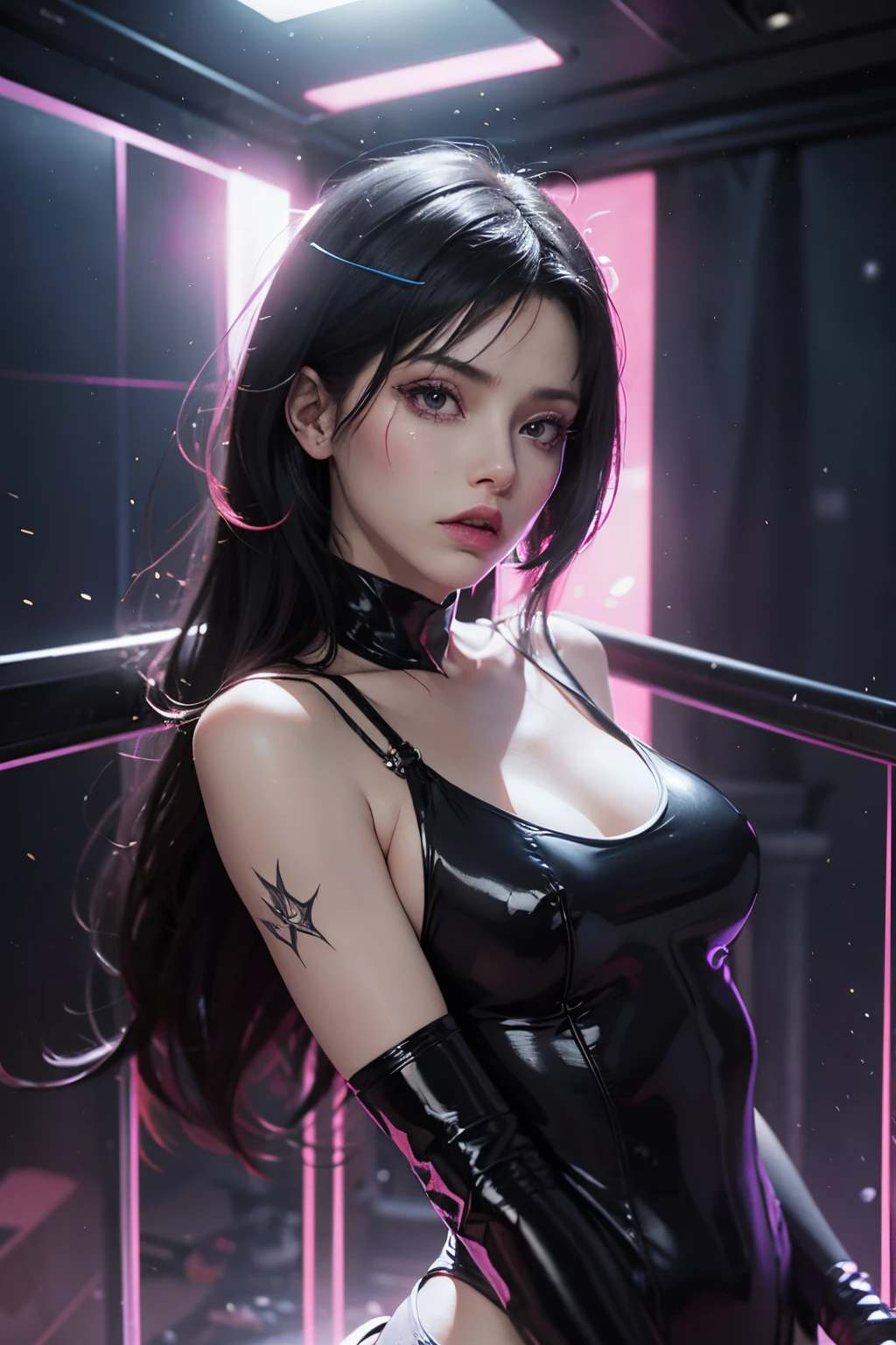 there is a woman with a neon light on her head, style is a blend of æon flux, in a mixed style of æon flux, style mix of æon flux, glowing lens flare wraith girl, glamorous tifa lockheart, tifa, aeon flux style, seductive tifa lockhart portrait, in a style blending æon flux