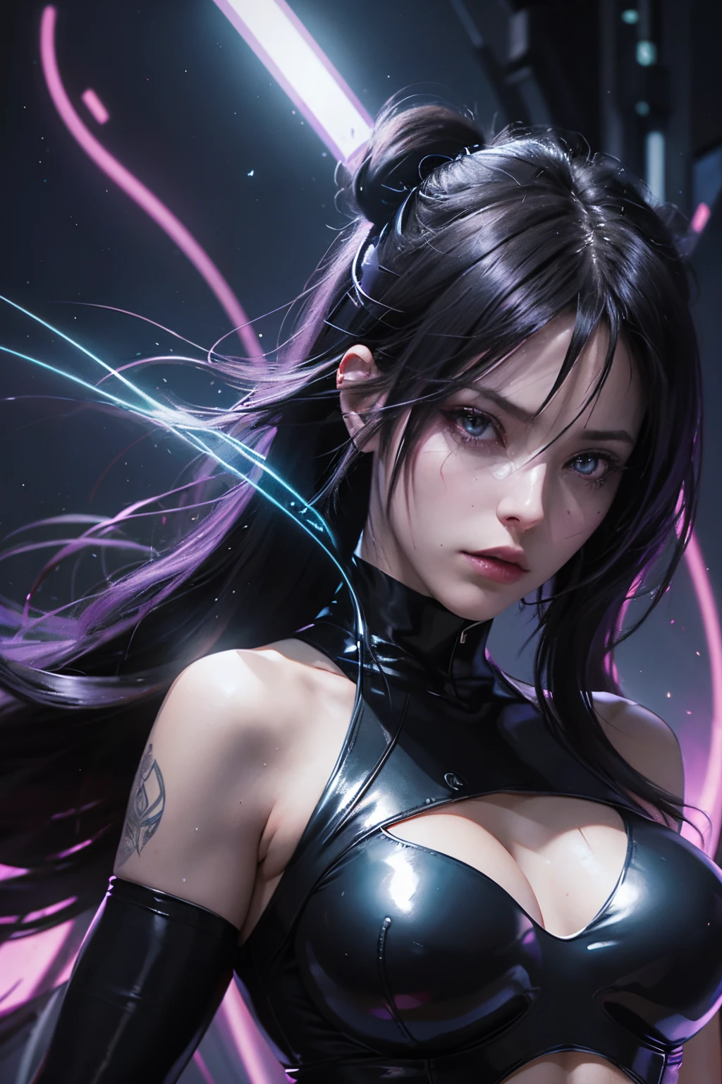 there is a woman with a neon light on her head, style is a blend of æon flux, in a mixed style of æon flux, style mix of æon flux, glowing lens flare wraith girl, glamorous tifa lockheart, tifa, aeon flux style, seductive tifa lockhart portrait, in a style blending æon flux