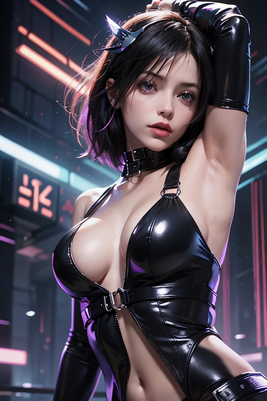 there is a woman with a neon light on her head, style is a blend of æon flux, in a mixed style of æon flux, style mix of æon flux, glowing lens flare wraith girl, glamorous tifa lockheart, tifa, aeon flux style, seductive tifa lockhart portrait, in a style blending æon flux