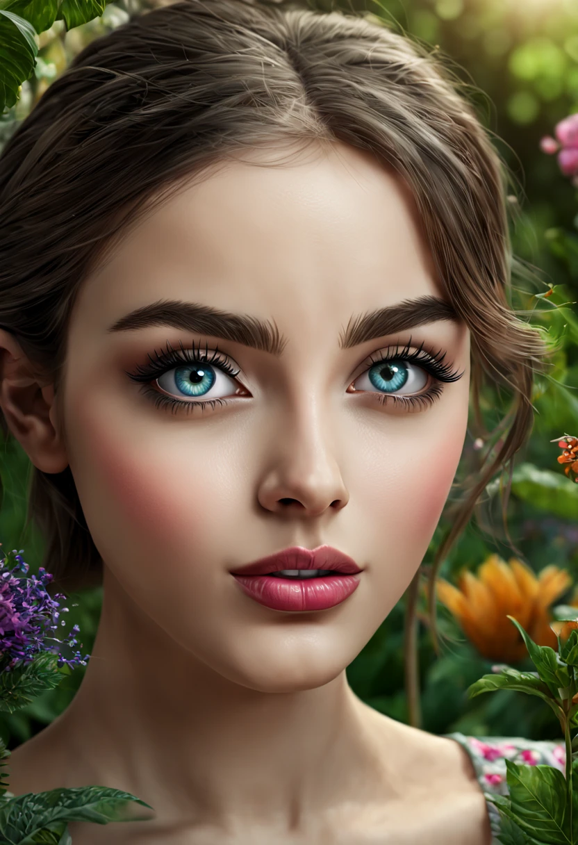 a girl in a garden,illustration,beautiful detailed eyes,beautiful detailed lips,extremely detailed eyes and face,long eyelashes,selective color art,(best quality,4k,8k,highres,masterpiece:1.2),ultra-detailed,(realistic,photorealistic,photo-realistic:1.37),vivid colors,studio lighting,sharp focus