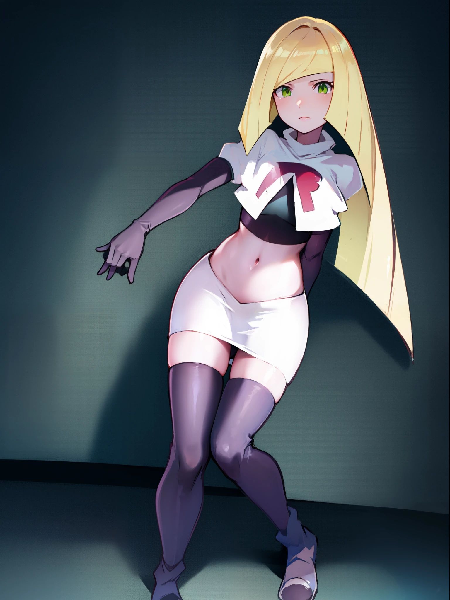 pokemonlusamine,green eyes,team rocket,team rocket uniform,white skirt,crop top,black thigh-high boots,black elbow gloves,