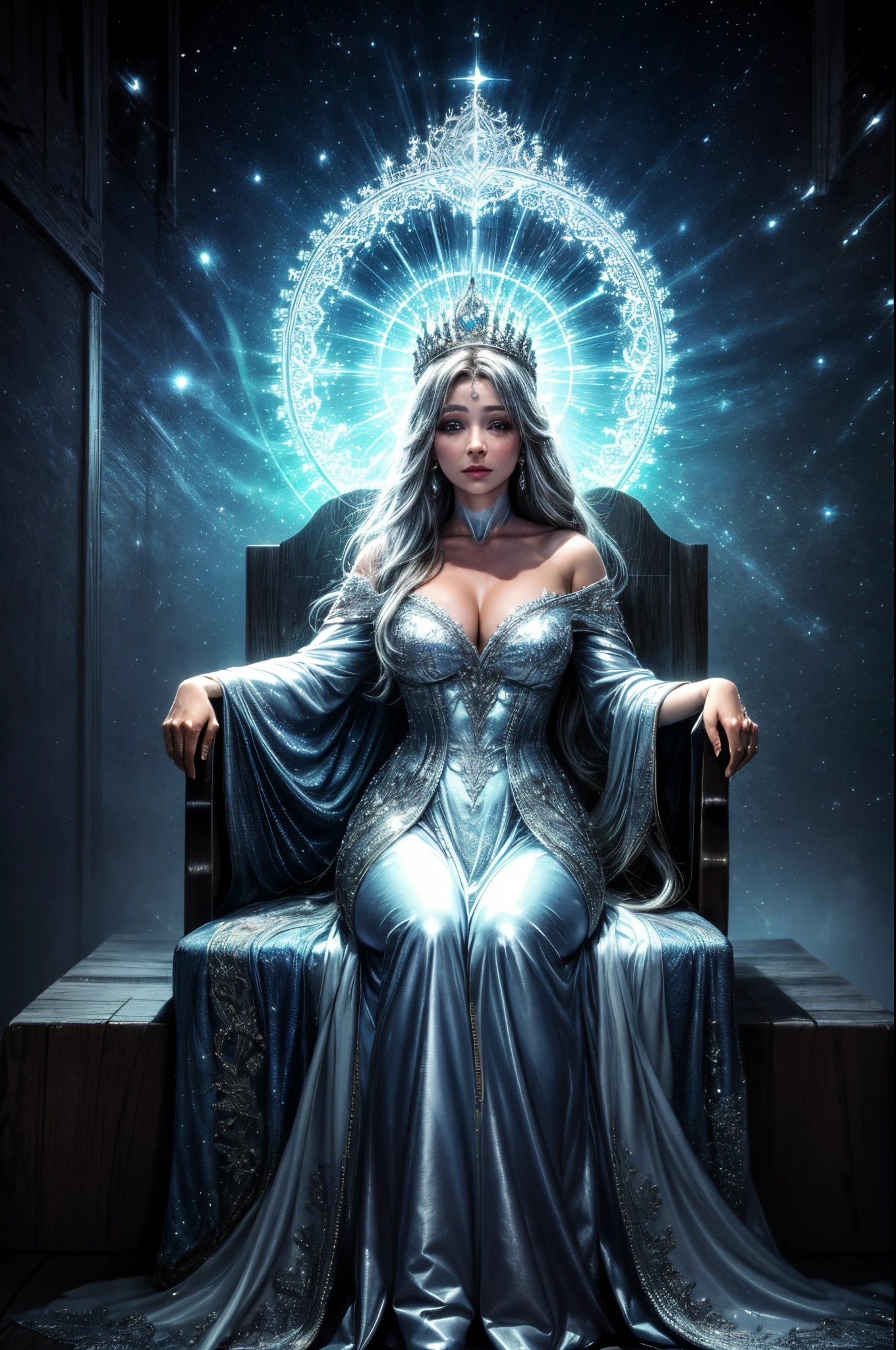 Descreva uma imagem surreal da Rainha Isabella, uma mulher de 52 anos, em seu trono dourado. Destaque seus cabelos prateados elegantemente penteados, usando uma coroa real adornada com gemas. She is dressed in a sumptuous dress that mixes shades of blue and silver., reflecting your position of authority. Ao redor dela, imagine uma atmosfera de serenidade e sabedoria, with magical elements that highlight your connection with the fantasy realm.