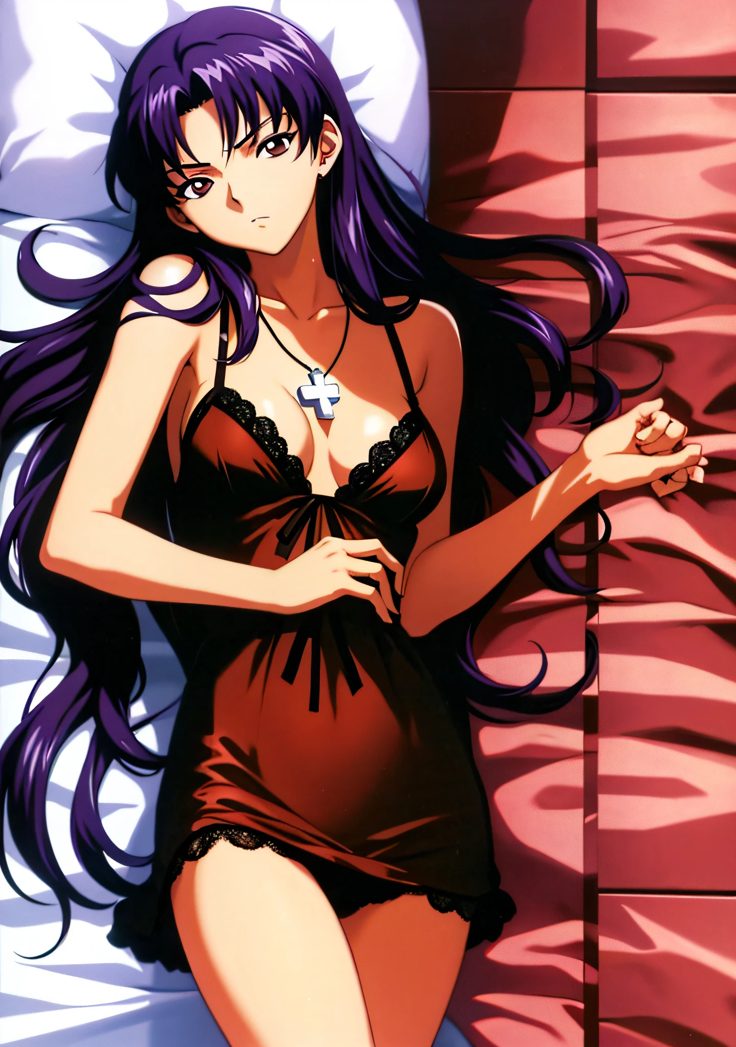 (masutepiece),(Best Quality), Katsuragi Misato, robe blanche, Brown eyes, Cross Necklace, Lingerie with small area、Persistent stare, Sharp eyes、Lying in bed、Seductive