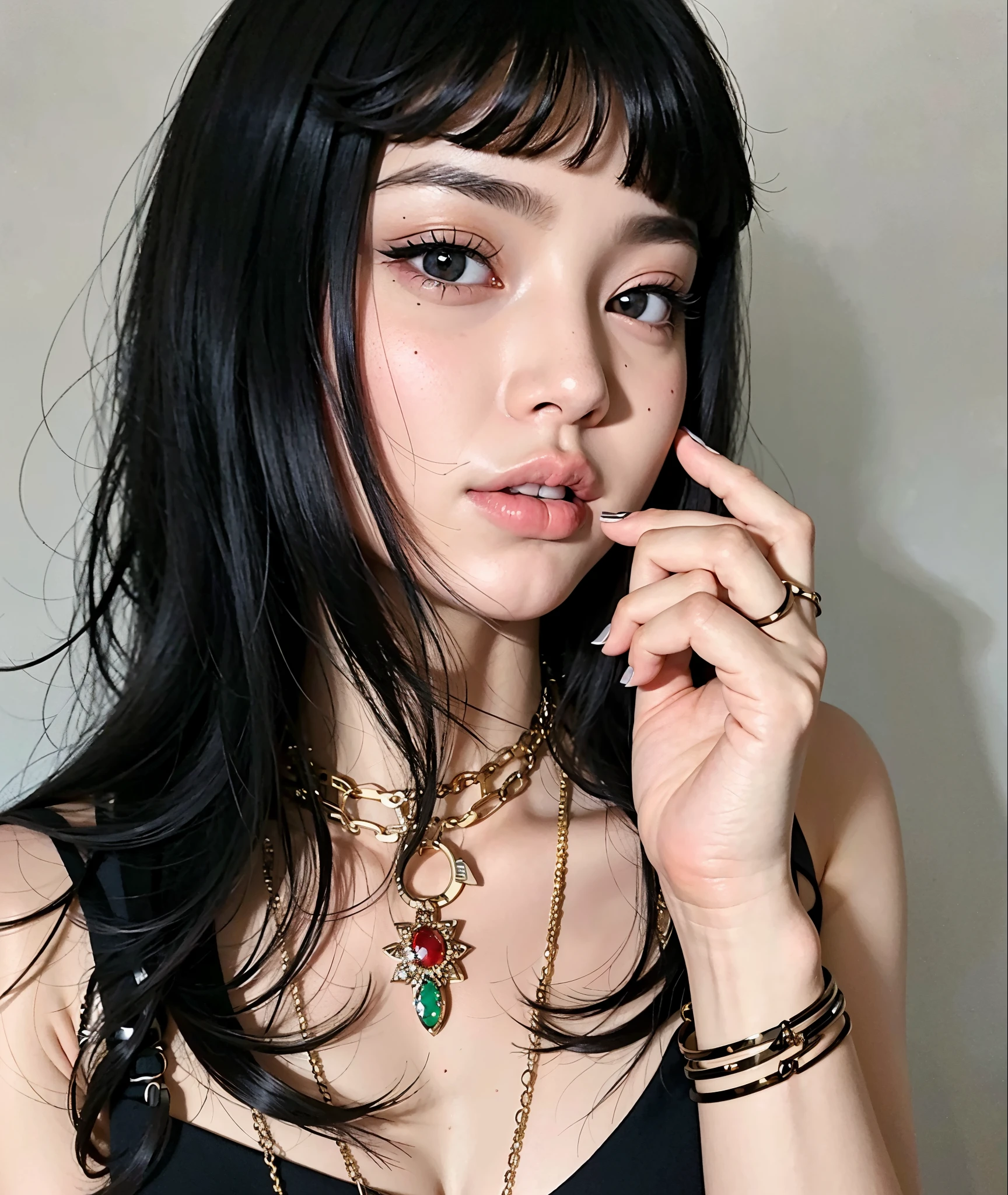 There is a woman with long black hair and a necklace in, cabelos pretos e olhos grandes, lindo rosto latino, 18 anos, pale-skinned persian girl, thick lips, Violeta Myers, Parece Fabiula Nascimento, imagem de perfil, lorde, female with long black hair, 1 6 anos, cabelo preto ondulado, pele de azeitona