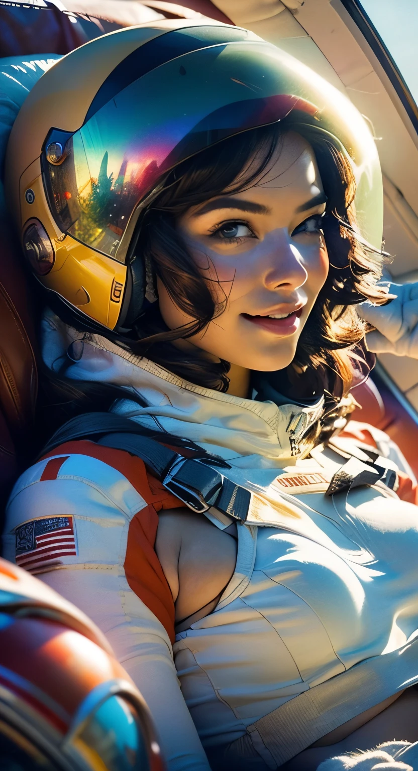 Astronaut white and gold trim bikini (small breast) and clear helmet, space galaxy cosmo, with a group of soldiers behind her, beautiful sci-fi art, beautiful smile, waiting for a kiss, turning and looking at the camera, space warrior, sunrise over solar punk city, stoner rock, mars invasion, epic album art cover, sexy movie photo, cinemascope panorama, high stylized and 1940’s poster, cosmic style, 8k cinematic, golden ratio, cosmic mayhem, light particles, wet look, golden hour, realistic, masterpiece, highest quality, lens flare, shade, bloom, [[chromatic aberration]]