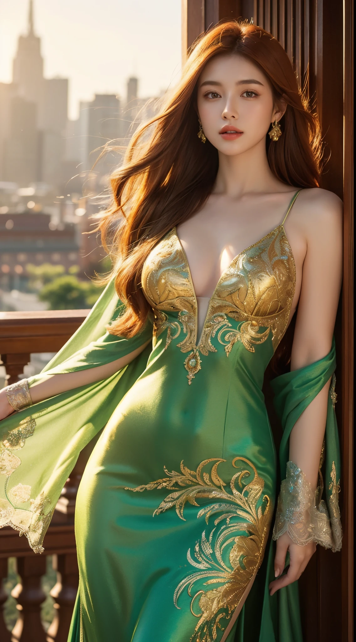 Generate a digital image featuring a stunning woman with flowing auburn hair in a confident pose. She wears a flowing emerald-green gown adorned with subtle patterns and delicate golden accessories. The backdrop is a dreamlike scene with luminous orbs and reflections of city lights. The camera angle emphasizes her facial features and elegant posture, while artistic effects like a subtle lens flare and ethereal glow enhance the overall captivating and timeless enchantment of the composition.