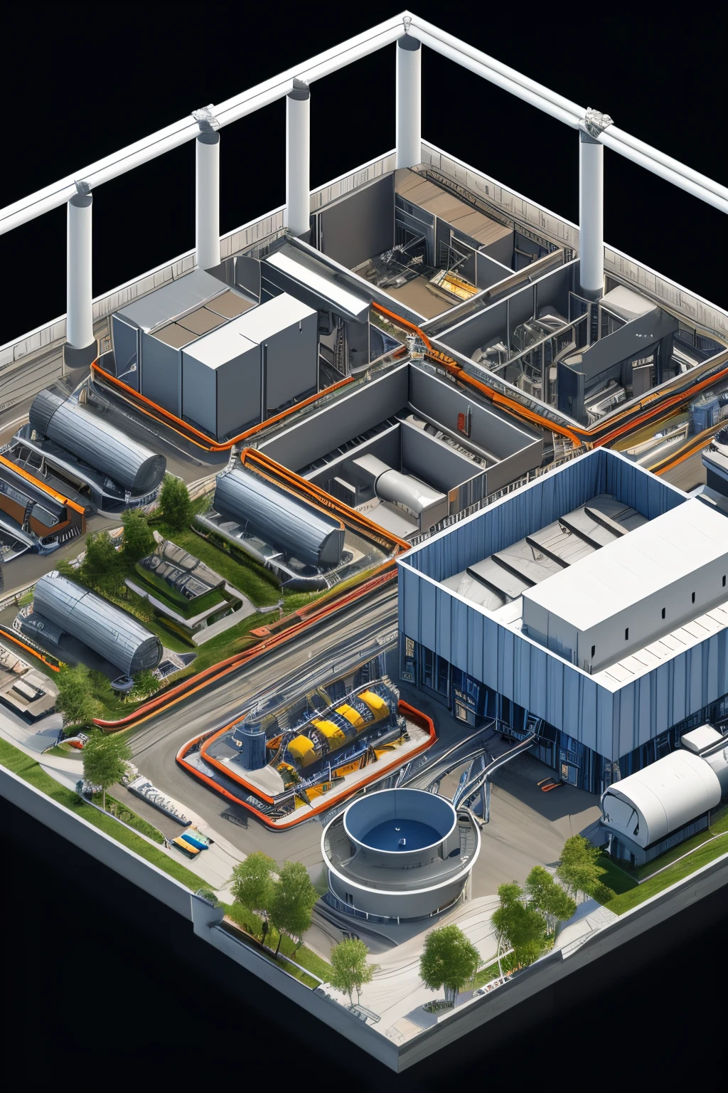 Realistic illustration of a 3D and BIM model of a modern industrial plant. Around the building, digital information and infographics float, showing details such as structure, electrical, plumbing and ventilation data. Black background. ultra realistic, master piece, best quality, Ultra High Resolution, RAW Photo, 8k