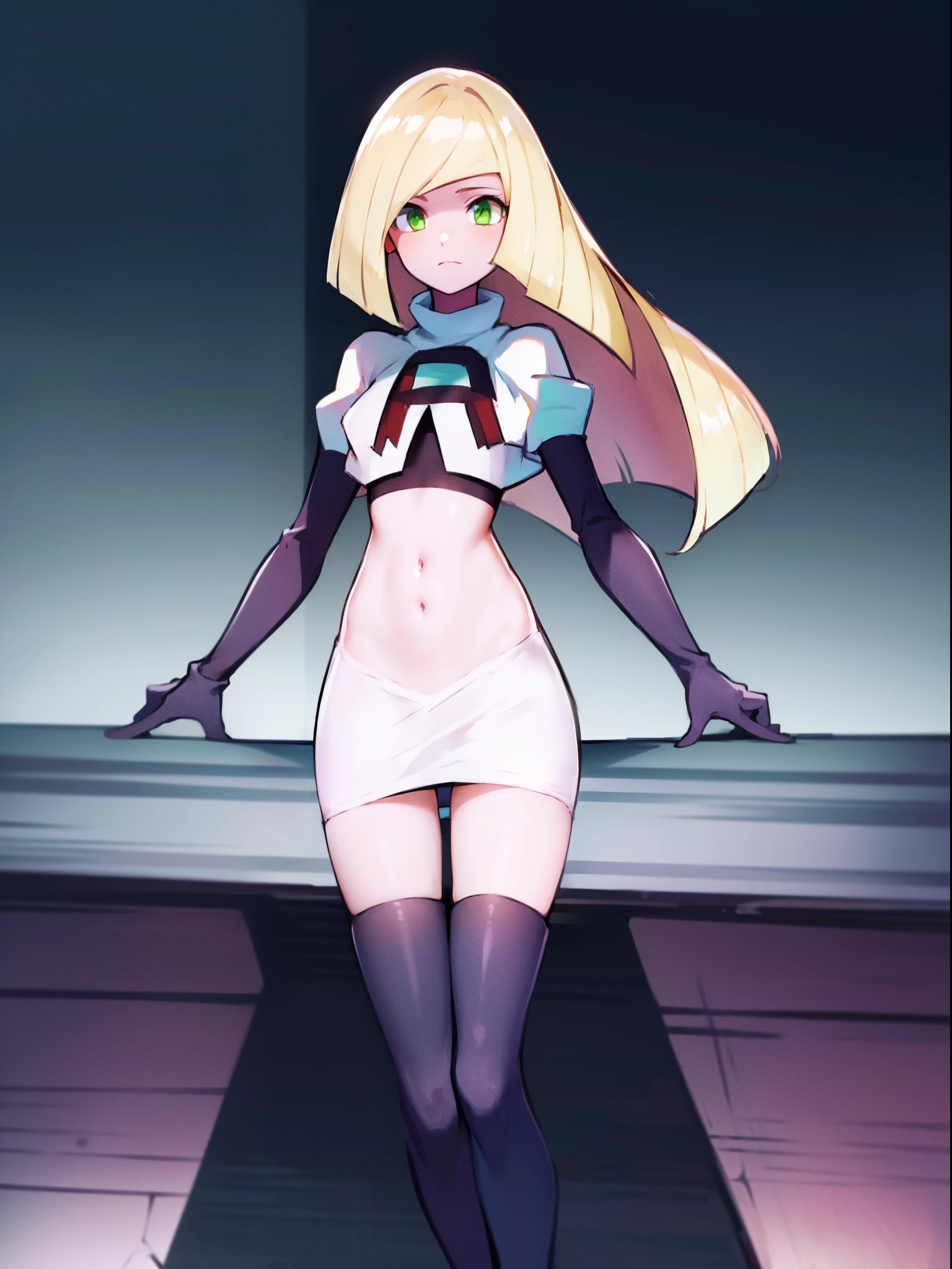 pokemonlusamine,green eyes,team rocket,team rocket uniform,white skirt,crop top,black thigh-high boots,black elbow gloves,