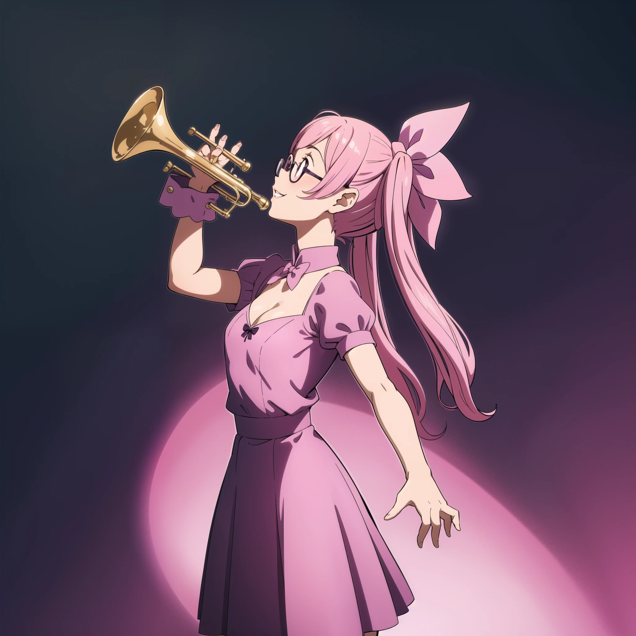 1 girl playing the trumpet, young girl with glasses, she smiles, tall, small eyes, teenage, "side bunds", pink pigtails hair, big lips, waring a dark purple monochromatic dress. Skirt with petticoat (short sleeves) and ((cleavage)) pink ribbon.