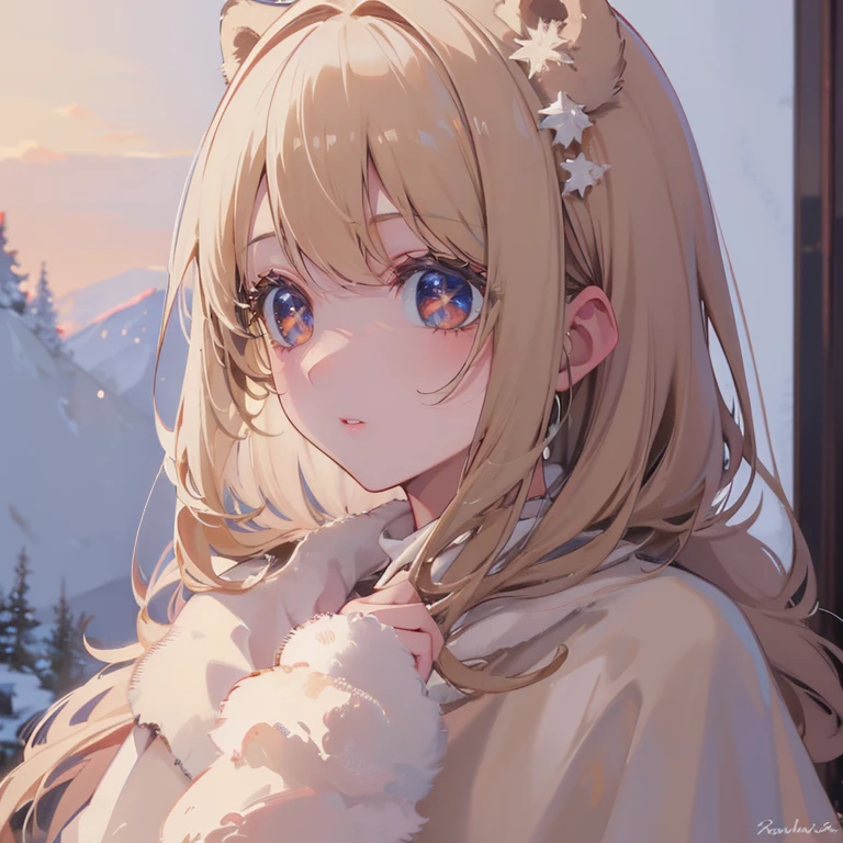 (best quality,4k,highres:1.2),ultra-detailed,winter scene,painting,beautiful detailed eyes,beautiful detailed lips,beige hair,upper body,white bear,cute,bob,muffler,soft snowfall,warm atmosphere,vivid colors,soft lighting