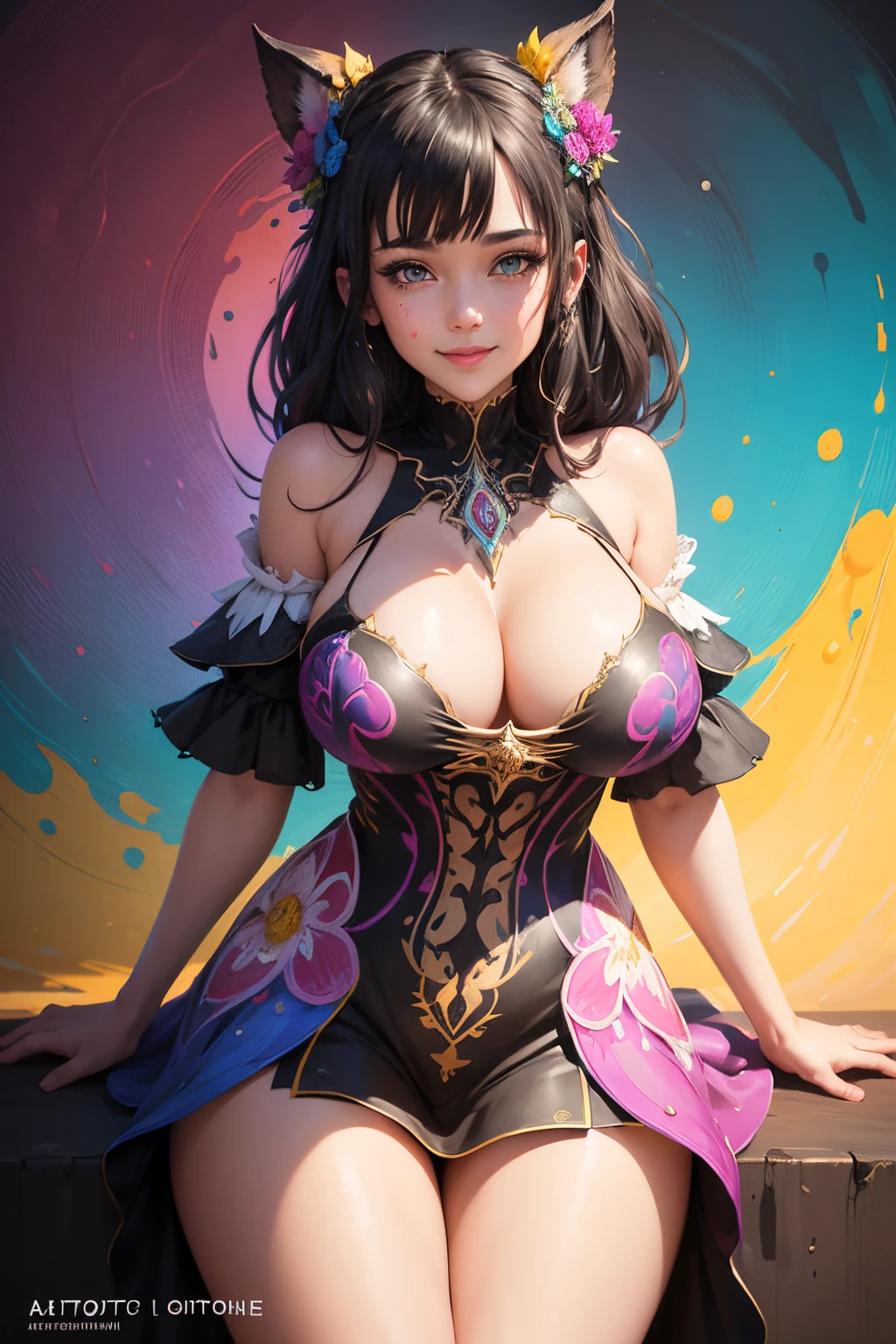Beautiful girl smiling, wearing a summer dress (busty) symmetrical eyes, symmetrical face, epic Instagram, artstation, Dripping Abstract Paint, splash style of colorful paint, contour, hyperdetailed intricately detailed , Vibrant Colors, unreal engine, fantastical, intricate detail, splash screen, complementary colors, fantasy concept