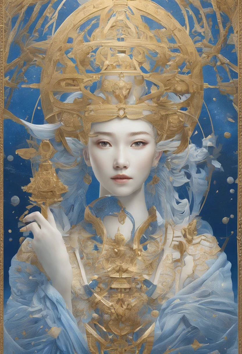 blue tone、masterpiece、perfect-composition、low angles、top-quality、Official art、Extreme details、Stellar lumen、cosmic space、Milky way、Mysteries of the universe、Silence、Cosmic Light、Well-groomed beauty、Goddess of Wisdom、Inherited Intents、Memory of antiquity、sapphire eyes、Long Blonde Hair、Tall and lean、resolute、dignity、age 30s、noble、wear a blue space suit、True、good、pleasing、Intricate details、Oil Painting、Best Quality、the golden ratio