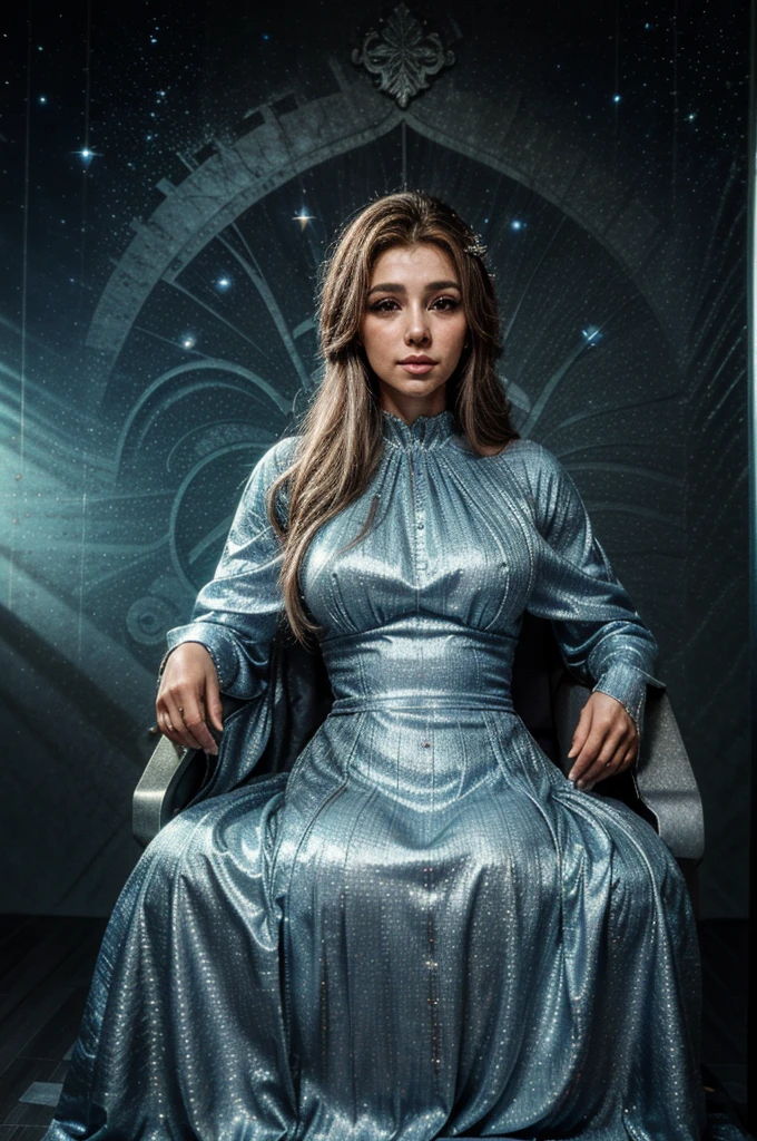 Uma mulher de 52 anos, Rainha em seu trono dourado. Destaque seus cabelos prateados elegantemente penteados, usando uma coroa real com gemas. She is dressed in a sumptuous dress that mixes shades of blue and silver., reflecting your position of authority. Ao redor dela, imagine uma atmosfera de serenidade e sabedoria, with magical elements that highlight your connection with the fantasy realm.