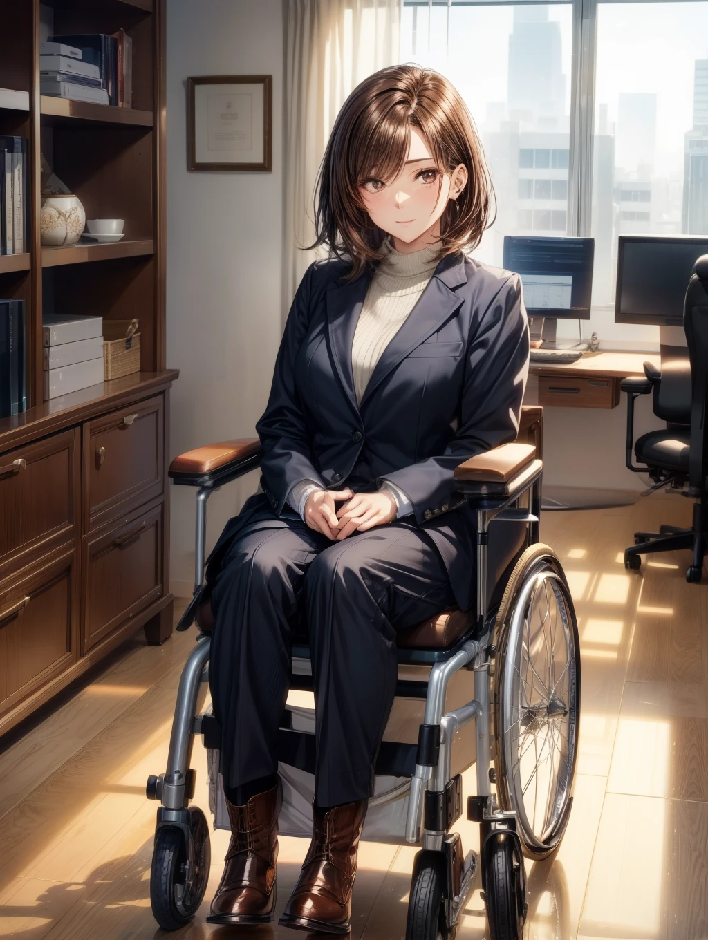 1人の女性、Best Quality, masutepiece, Beautiful mature、Beautiful face、Strong-minded woman、Being in a wheelchair、Office Suits、long boots、brown haired、Brown-eyed、Bob Hair、40 years、adult lady、Full body like、