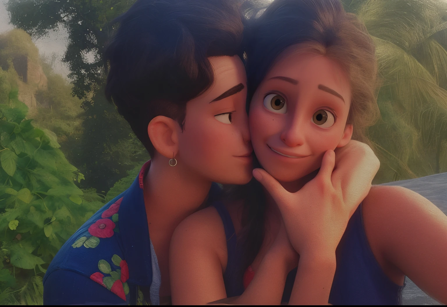 Girl age 22 years old boy age 22 years old The boy on the left is giving a kiss to the girl on the right. The boy's left hand is on the girl's shoulder and the boy's right hand is holding the girl's face. The girl is smiling. They are both wearing dark blue clothes. Behind them is the coconut tree beautiful face animation AI create