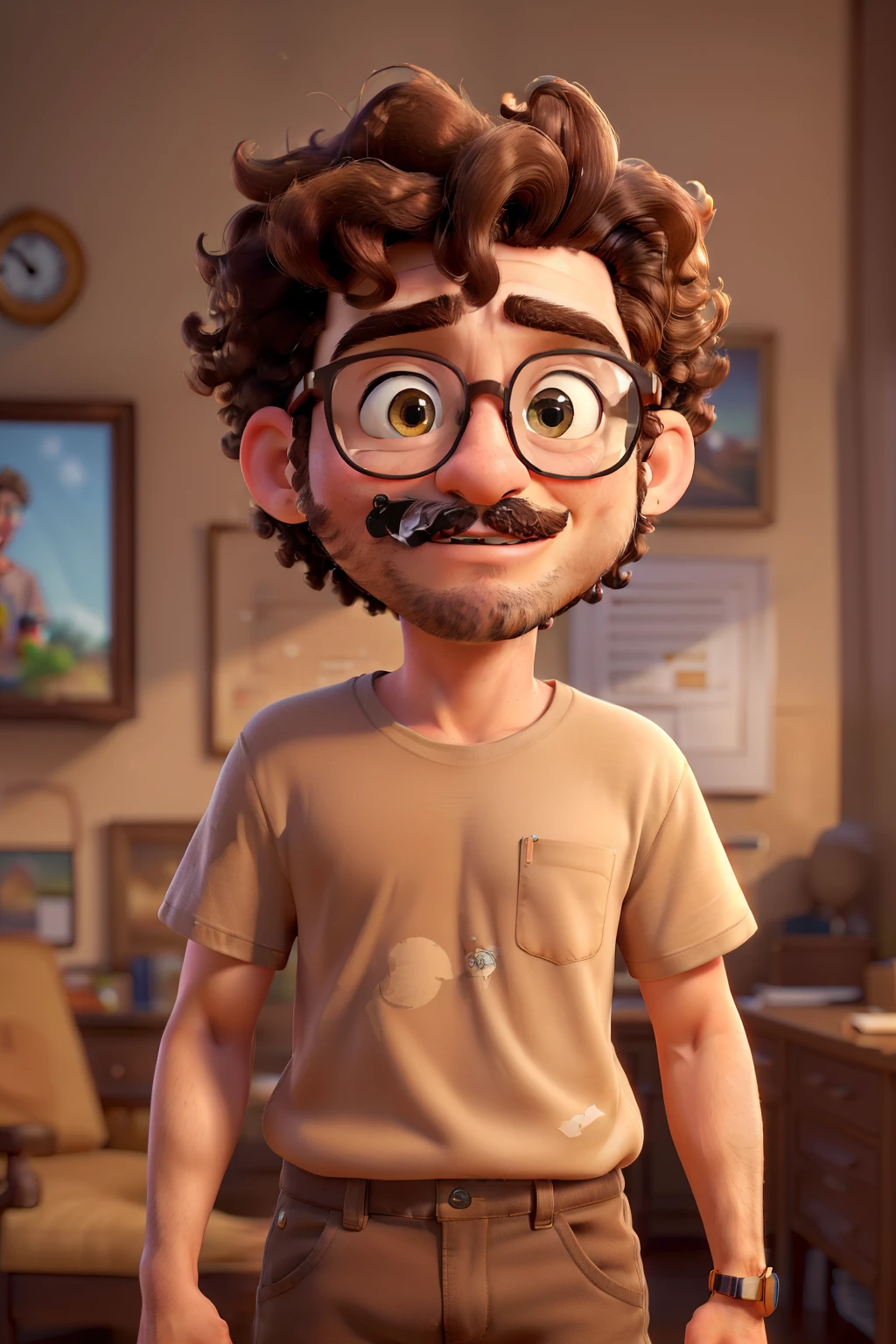 (best quality,4k,8k,highres,masterpiece:1.2),ultra-detailed,(realistic,photorealistic,photo-realistic:1.37),curly-haired teenager,earrings,glasses,moustache,wearing a loose beige t-shirt and sneakers,portrait,soft lighting,vibrant colors,bokeh