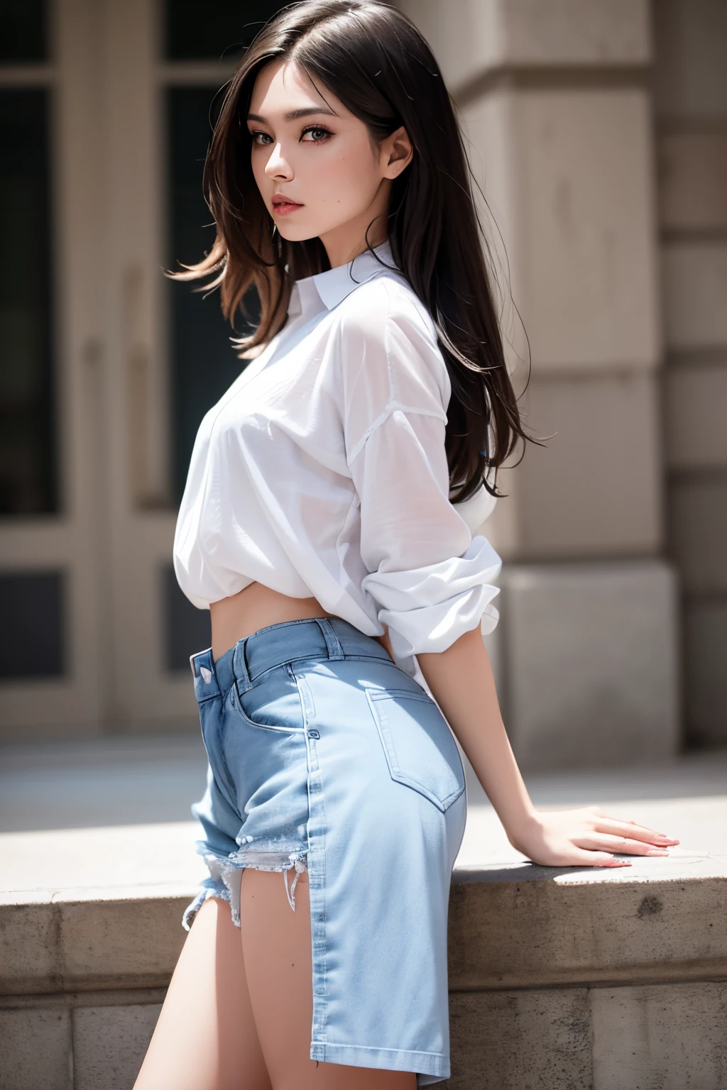 arafed woman in a white shirt and blue shorts , fashion color studio lighting, fashion shoot 8k, full shot fashion photography, 4k fashion shoot, fashion model photography, fashion model pose, editorial fashion photography, model standing pose, modeling photography, fashion pose, fashion editorial photography , side view, captured from side