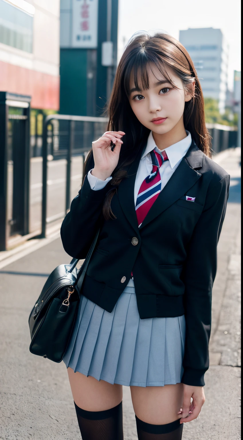 (16 K, Raw photography, Top image quality, ​masterpiece: 1.45), (realisitic, Photorealsitic: 1.37), Tall Girl, cute little, A city scape,, profetional lighting, photon maping, school classrooms, physically-based renderingt, dark brown  hair,pony tail hairstyle, Well-groomed and beautiful eyes、((二重まぶた))、Transcendent Cute Girl, (((student clothes、blazers、Long sleeve shirt worn by Japan high school girl、Ribbon Ties、Dark blue mini skirt,、Dark blue socks、Black loafers))), Top Quality Photos, hight resolution, 1080p, (clearface), (Detailed face description), (Detailed hand description), (​masterpiece), (Exquisite CG)、extreme light and shadows、dishevled hair、master work、abundant detail、(Fine facial features)、(top quality photo)、(masuter piece)、(A detailed eye)、Look in front of you、Fine clavicle、((Slender big))、(((Japan schoolgirls wear jackets and long-sleeved shirts)))、((Neat and clean idol))、((School Gate、school ground、School building in the background))、(Shooting from random perspectives)、(((cute like an idol)))、耳Nipple Ring、A smile、Drawing the whole body from the knees、Do not draw nasolabial folds、(((Sports bags used by Japan schoolgirls)))、(Big breasts that hang down big:1.2)、Big buttocks with tension、Two arms and two legs、(((from the front side:0.7)))、bare hand、(((Left and right symmetrical eyes)))、Standing Pose、Do not take the tie out of the jacket、Raise your buttocks:1.5，barebacked:1.5，