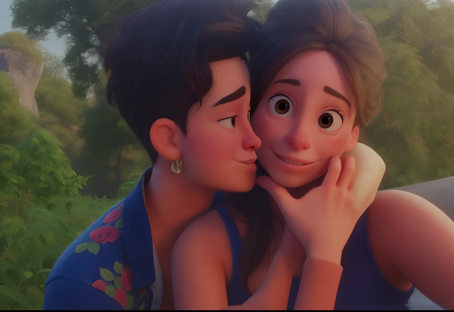Girl age 22 years old boy age 22 years old The boy on the left is giving a kiss to the girl on the right. The boy's left hand is on the girl's shoulder and the boy's right hand is holding the girl's face. The girl is smiling. They are both wearing dark blue clothes. Behind them is the coconut tree beautiful face animation AI create