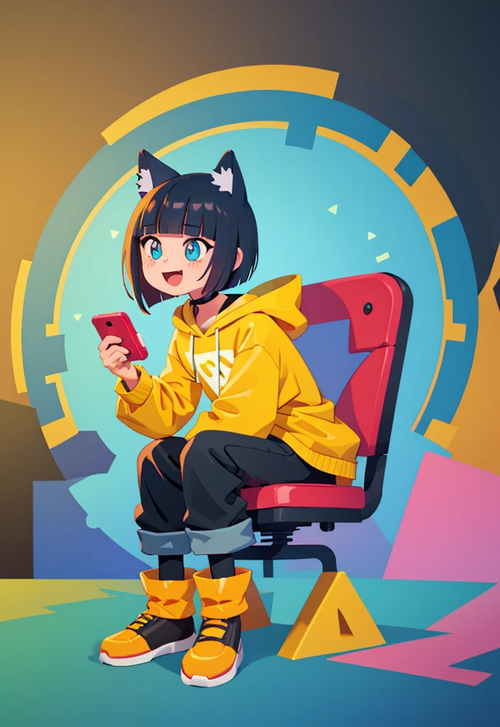 best quality, masterpiece, highly detailed, kawaii,
BREAK (short boy:1.3), 1boy, solo, (short hair, straight hair, black hair, blunt bangs, azure eyes:1.3), (wolf ears), choker, fangs, blush, (realistic:0.8), (sitting in chair, holding a gaming control.)
(oversized clothes, puffy sleeves, red and yellow hoodie, black boots, black pants), happy, :D,
BREAK cute aesthetic illustration, stylized digital art, colorful paint style,