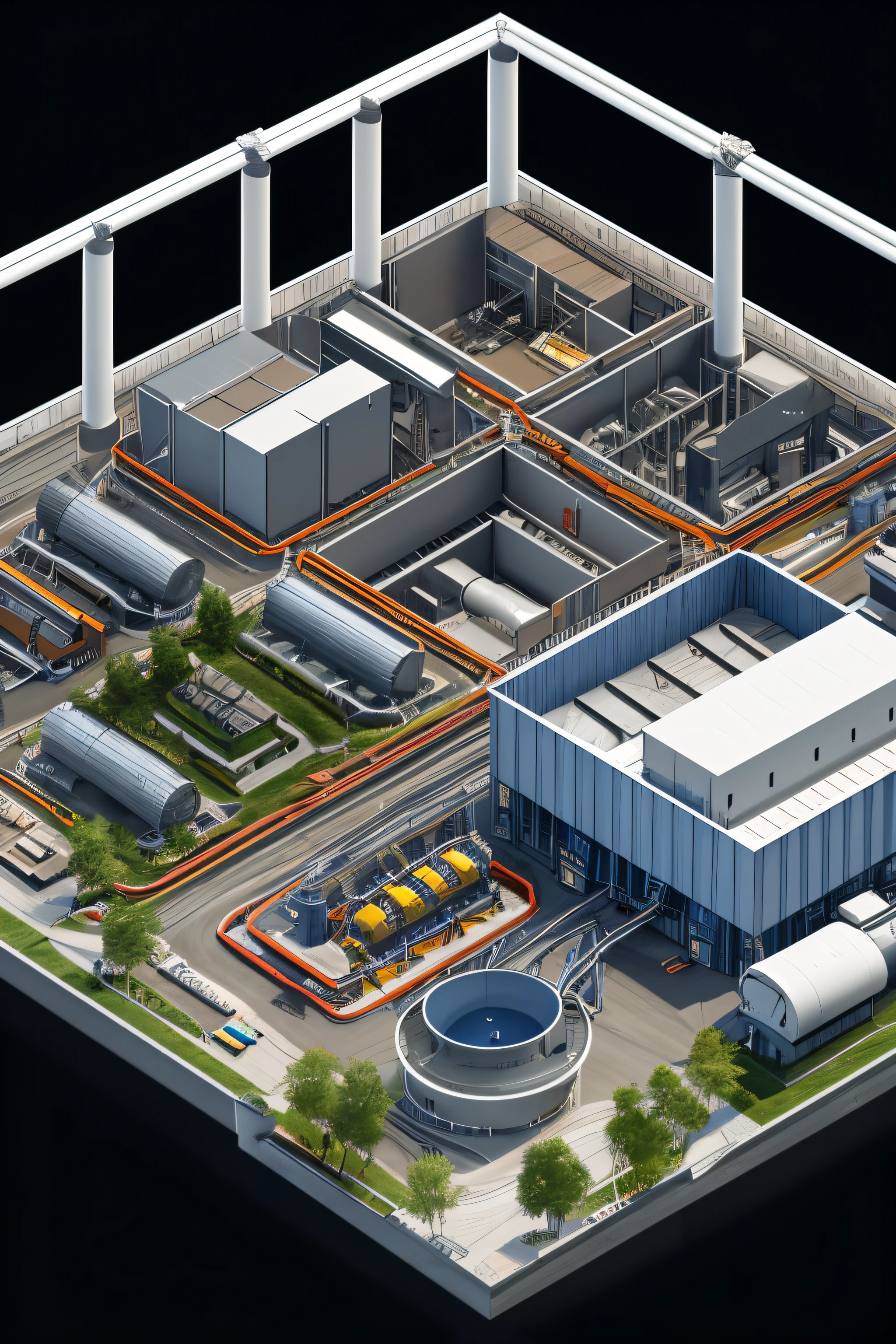 Realistic illustration of a 3D and BIM model of a modern industrial plant. Around the building, digital information and infographics float, showing details such as structure, electrical, plumbing and ventilation data. Black background. ultra realistic, master piece, best quality, Ultra High Resolution, RAW Photo, 8k