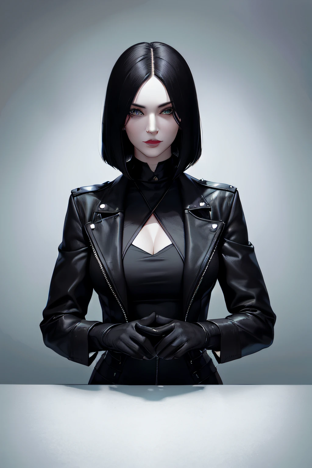 The woman, 48 years old, with a long black bob tousled, Tall stature, Adult face, pale skin, Strong make-up, dark shadows, Smokey, kblack eyes, black camouflage, black jacket, берцы, medic, black gloves, Plain background