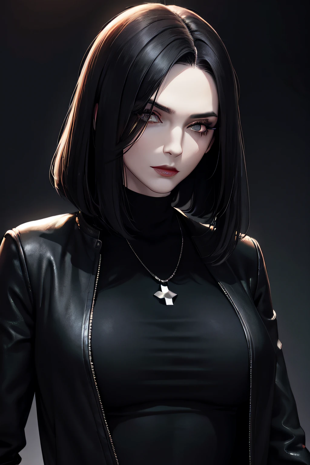 The woman, 48 years old, with a long black bob tousled, Tall stature, Adult face, pale skin, Strong make-up, dark shadows, Smokey, kblack eyes, black camouflage, black jacket, берцы, medic, black gloves, Plain background