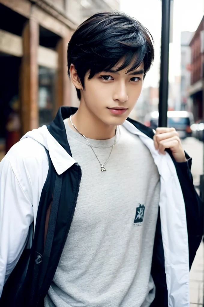 1boy、man、Japanese、Men's Models、(Men's Talent)、boy character、年轻、A detailed face、skinny body、Sunny and sunny、dust particles、natural soft light、blanche、cleanliness、a cool、(cute little)、simplicity、pure、daily、In the city、(Men's Love:1.2)、(Libido arousal:1.1)、(wonderment、perplexed)、Casual clothing、carismatic、seductiv、(A dark-haired)、robust、Beautiful skin、{Smirk}、animesque、Anime Characters、moe-anime、male anime characters、Male in femaleization