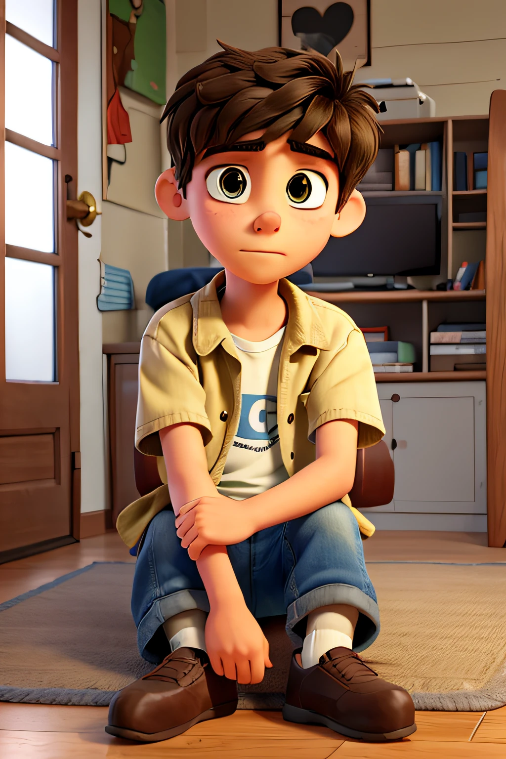 a sad teenage boy, his gaze directed downward, sitting