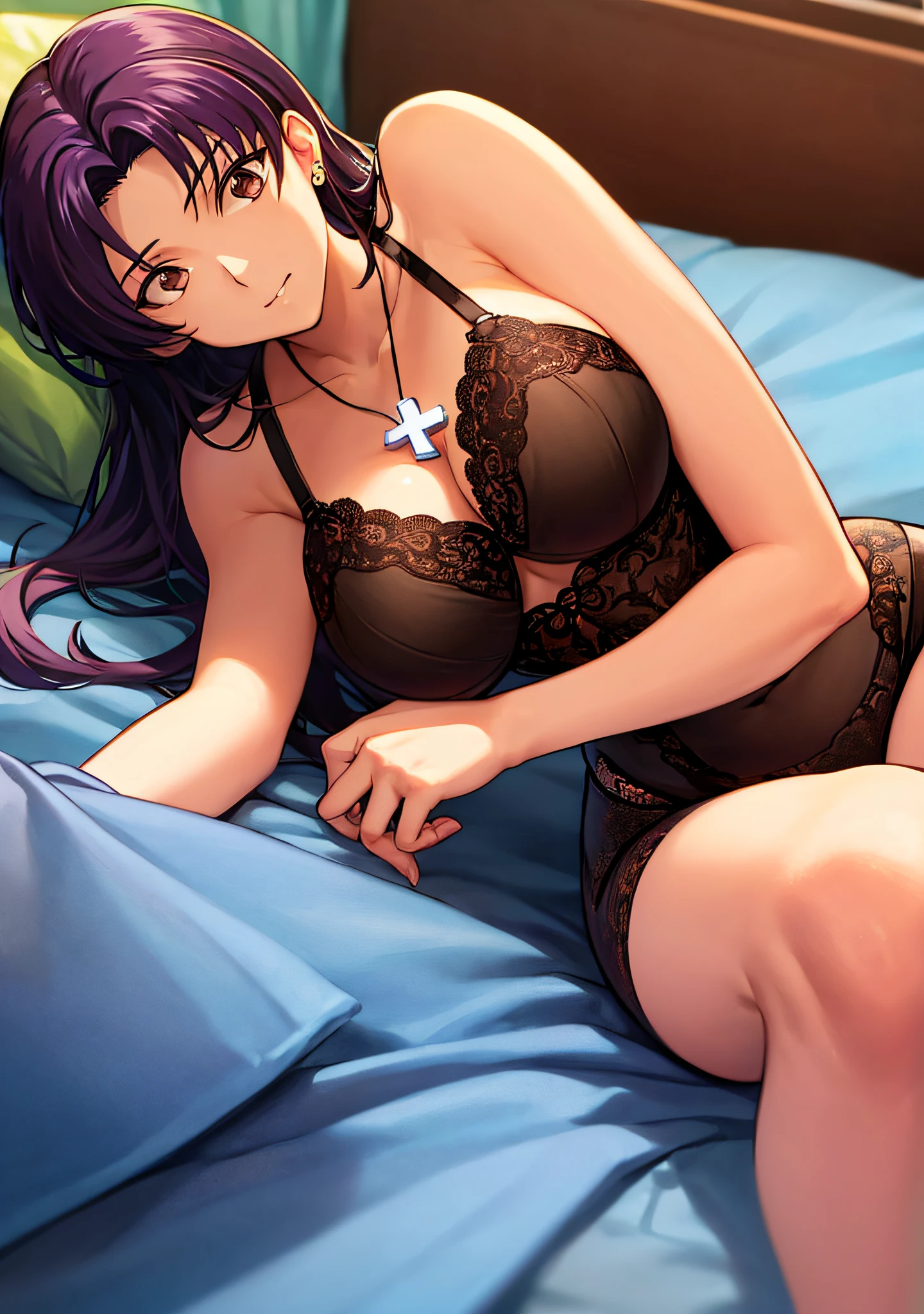 (masutepiece),(Best Quality), Katsuragi Misato, robe blanche, Brown eyes, Cross Necklace, huge tit、Lingerie with a small area、Persistent stare, Sharp eyes、Lying in bed、Seductive