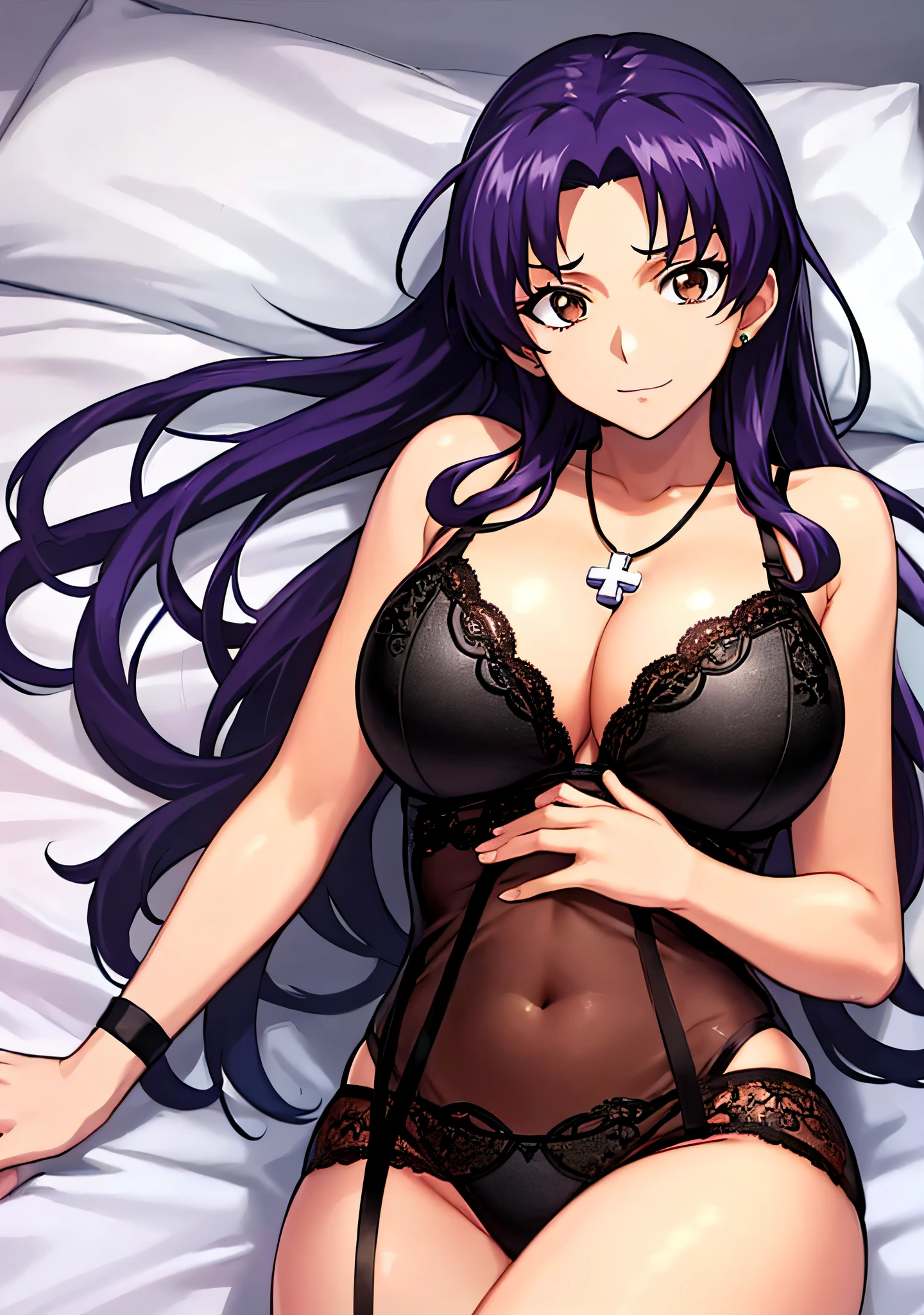 (masutepiece),(Best Quality), Katsuragi Misato, robe blanche, Brown eyes, Cross Necklace,  huge tit、Lingerie with a small area、Persistent stare, Sharp eyes、Lying in bed、Seductive