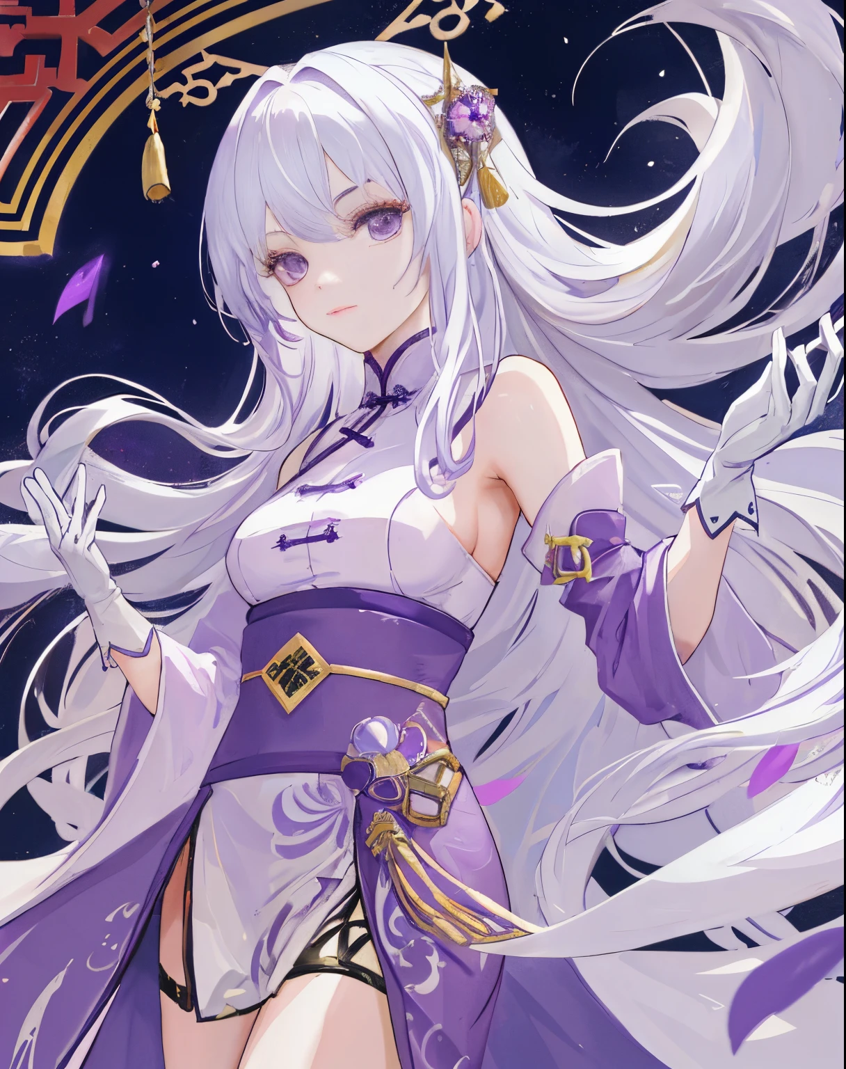 One girl,Long Hair,Fluffy hair,Thighs,Garter Ring,Long skirt,Jellyfish,jellyfish,Light purple clothes,White Hair,Droopy eyes,Kind Face,arms,Beautiful girls,mole,Highest quality,Pale purple,smile,dress,Detailed face,bright,Adult women,hydrangea,Expose