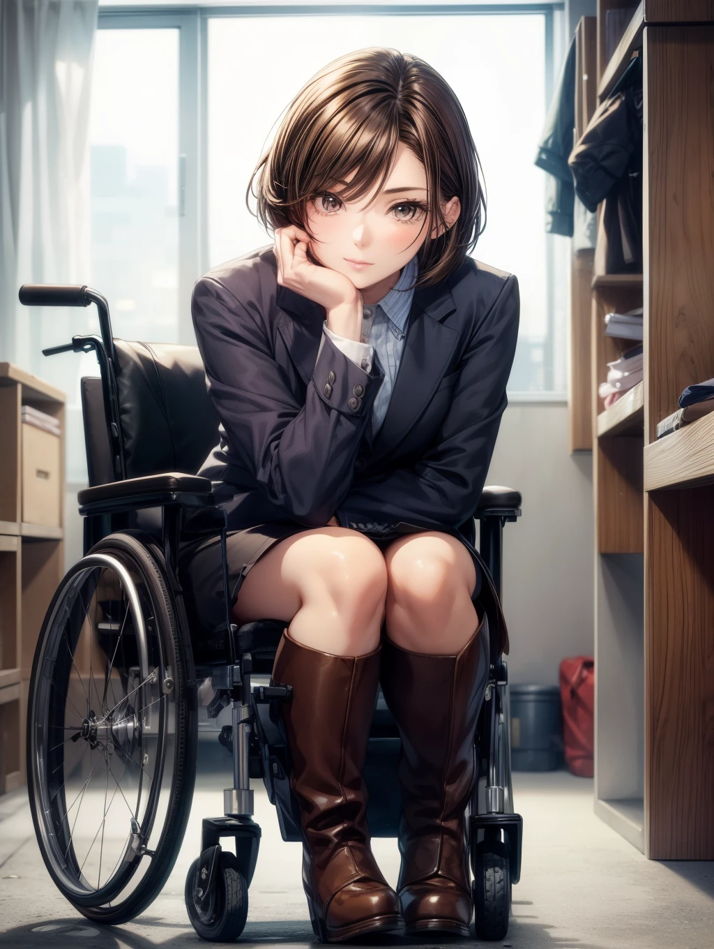 1人の女性、Best Quality, masutepiece, Beautiful mature、Beautiful face、Strong-minded woman、Being in a wheelchair、Office Suits、Tight mini skirt、Knee rest、Rider Boots、brown haired、Brown-eyed、Bob Hair、40 years、adult lady、Full body like、