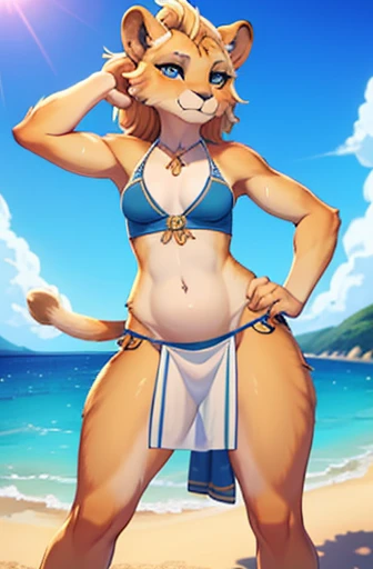 High quality, 4k, 8k, furry, anthro, teenage, girl, lioness, flat chest, acup, ancient greek clothing, dynamic pose, relaxing, sweaty, ocean side, sensual, sun bathing, cloth bra, ((loin cloth)), belly