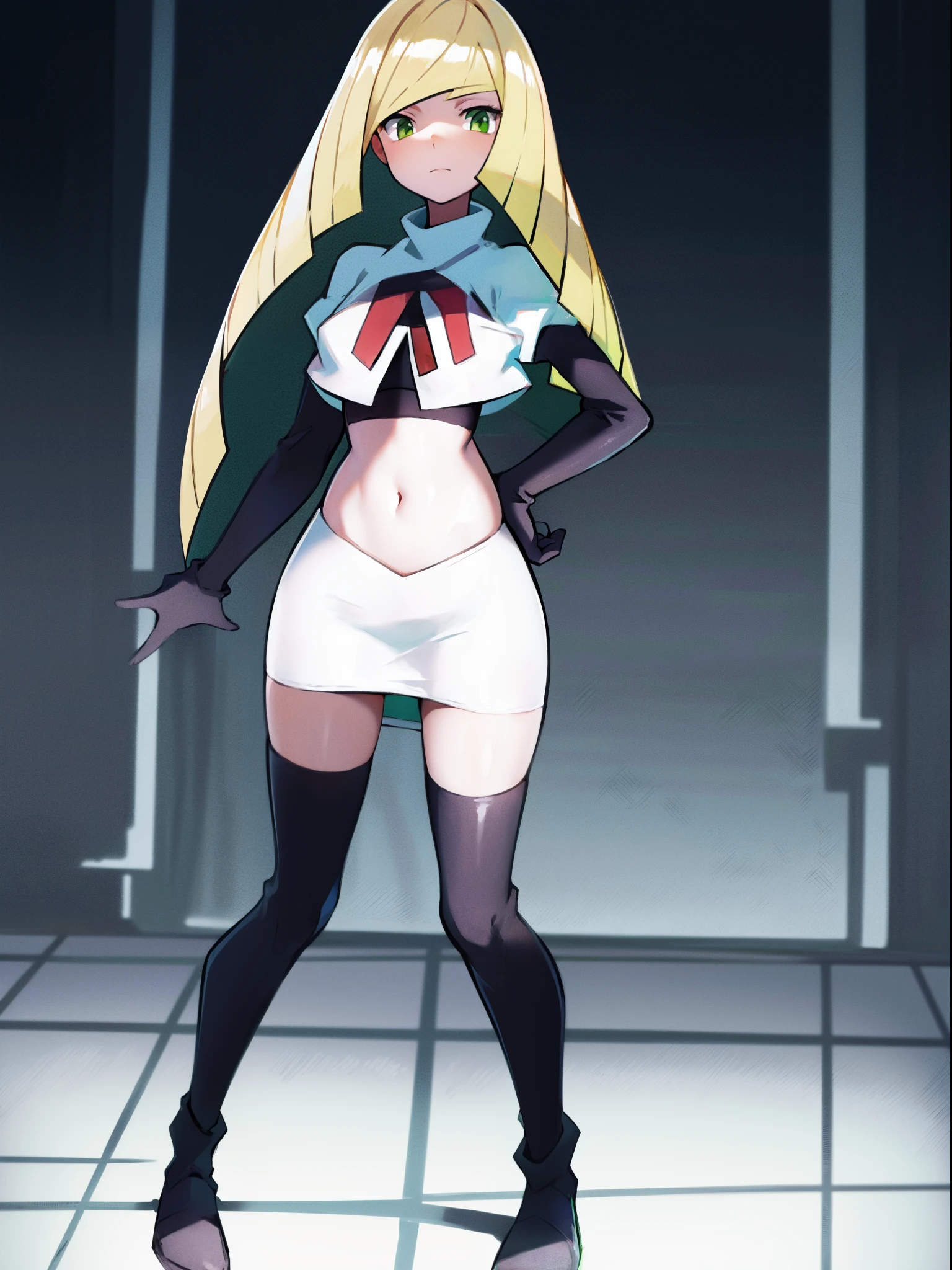 pneuma \(xenoblade\), 1girl, absurdres, bangs, breasts, earrings, green eyes, green hair, headpiece, highres, inuisbink, jewelry, large breasts, long hair, ponytail, solo, swept bangs, tiara, very long hair, xenoblade chronicles \(series\), (xenoblade chronicles 2), team rocket,team rocket uniform,white skirt,red letter R,crop top,black thigh-highs,black elbow gloves