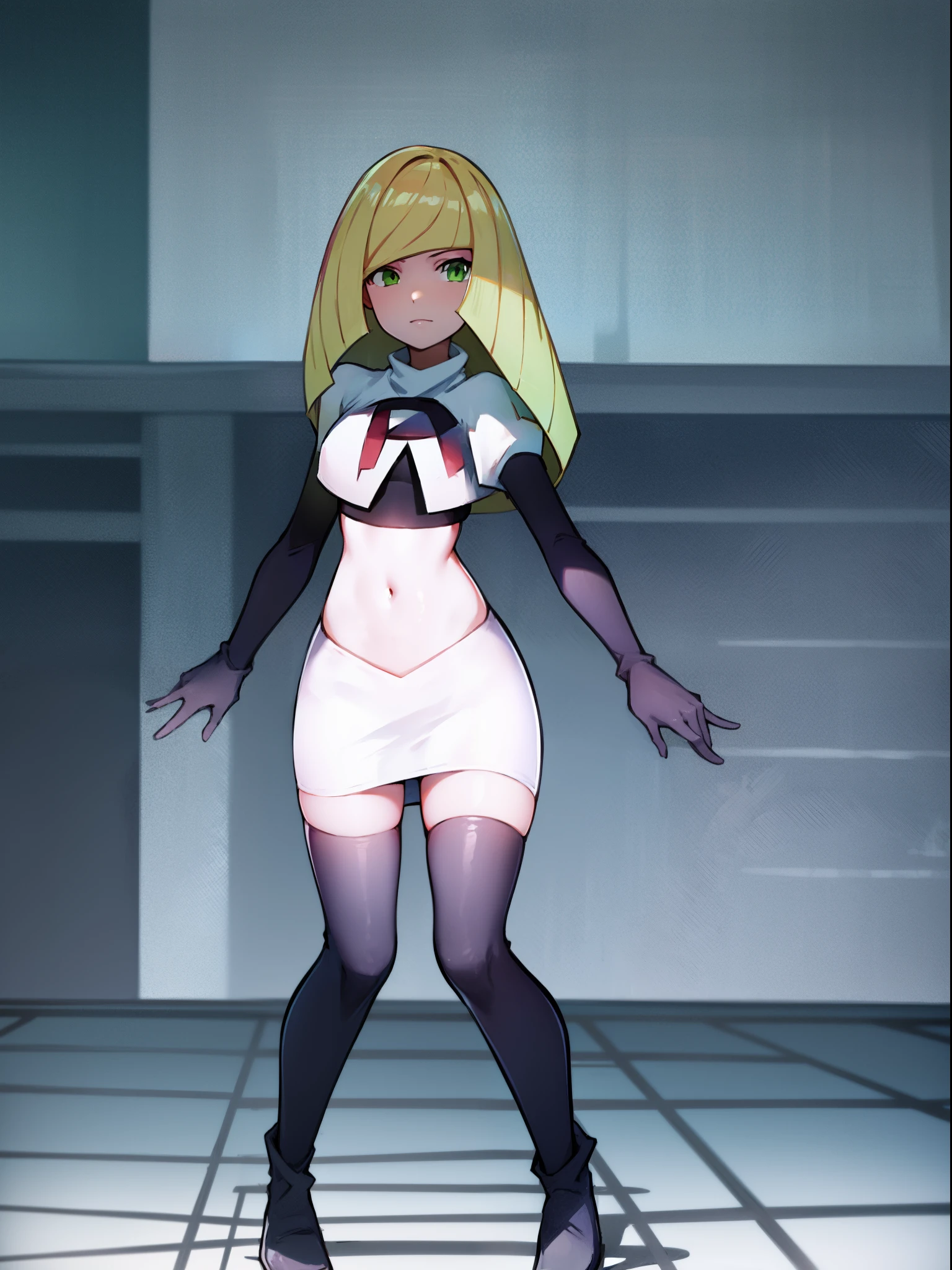 pokemonlusamine,green eyes,team rocket,team rocket uniform,white skirt,crop top,black thigh-high boots,black elbow gloves,