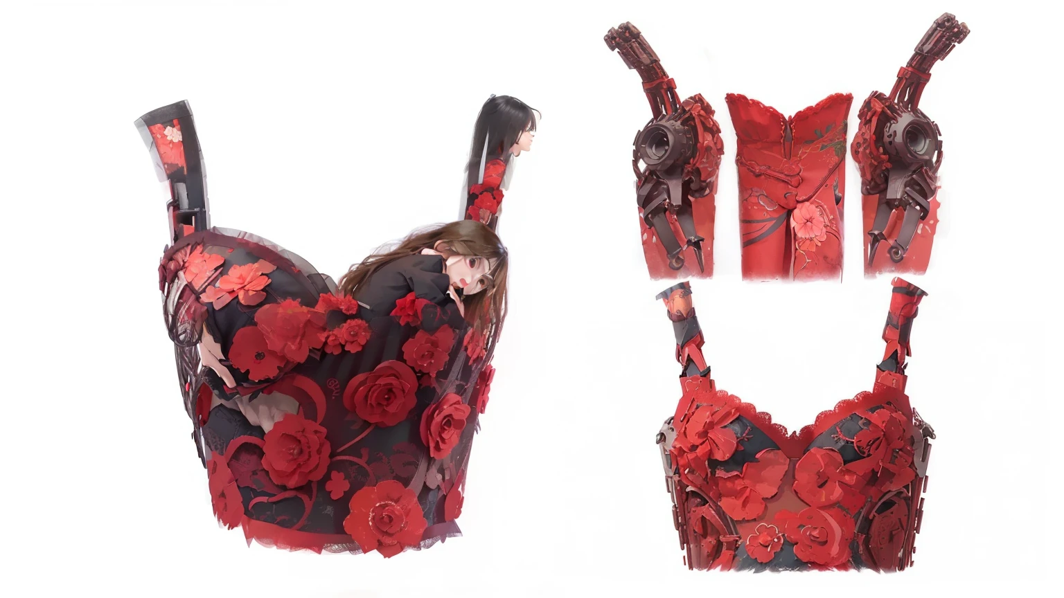 Hay un top y bragas con estampado floral rojo y negro., 2 0 1 4, 2014, 2013, Collage recortado, red biomechanical dress, 2015, 2 0 1 5, vestido floral rojo, Sha Xi, inspirado en Abraham van Calraet, brasas hasta la cintura, Vestido floral Art Novuea