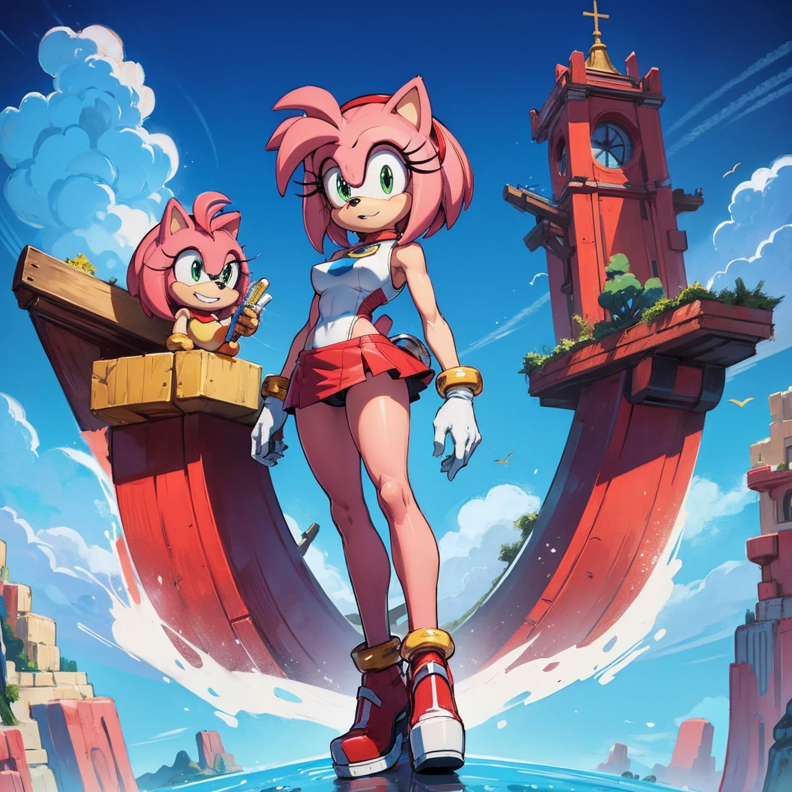 Personaje amy rose de sonic, con su ropa de caracteristica , full body size, cuerpo completo y zapatos