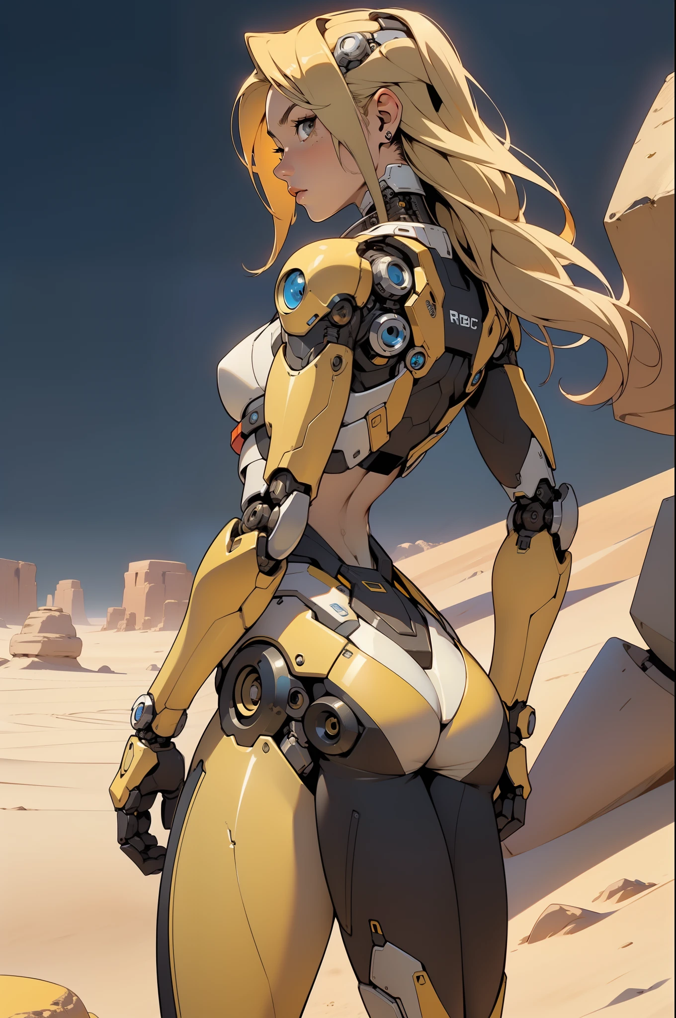 high quality, 4k, masterpiece, beautiful, cyborg girl, cowboy shot, dull eyes, back side, turning around to look at viewer, long blonde hair, girl, small breasts, fit thigh, robotic arms, robotic body, cyborg body, yellow accent, red accent, intricate detail, joint, detailed lines, robotic detail, 1fist on hip, color robotic parts, robotic parts with color, perfect fingers, on a desert planet, sunny background, colorful desert,