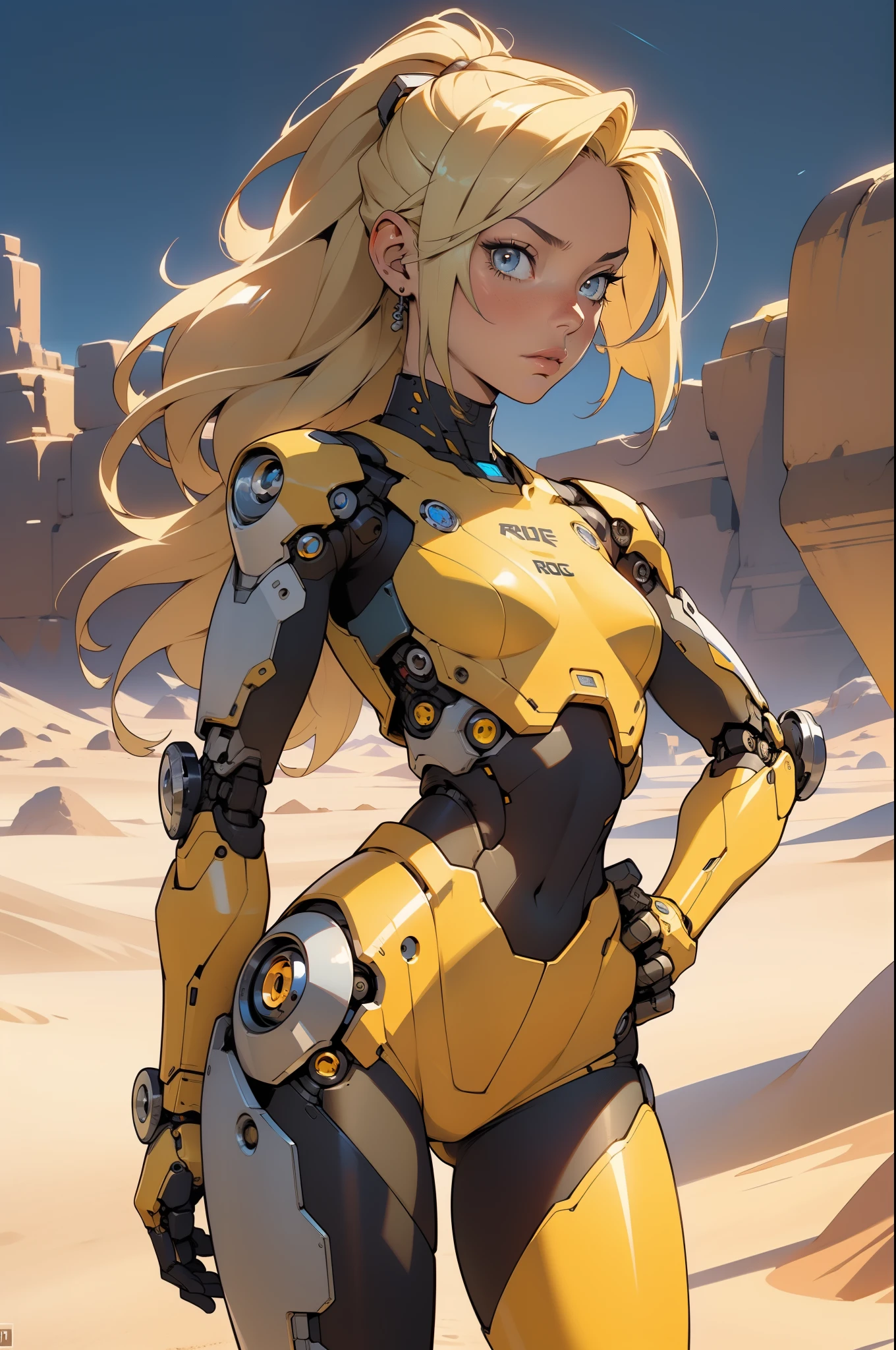 high quality, 4k, masterpiece, beautiful, cyborg girl, cowboy shot, dull eyes, back side, turning around to look at viewer, long blonde hair, girl, small breasts, fit thigh, robotic arms, robotic body, cyborg body, yellow accent, red accent, intricate detail, joint, detailed lines, robotic detail, 1fist on hip, color robotic parts, robotic parts with color, perfect fingers, on a desert planet, sunny background, colorful desert,