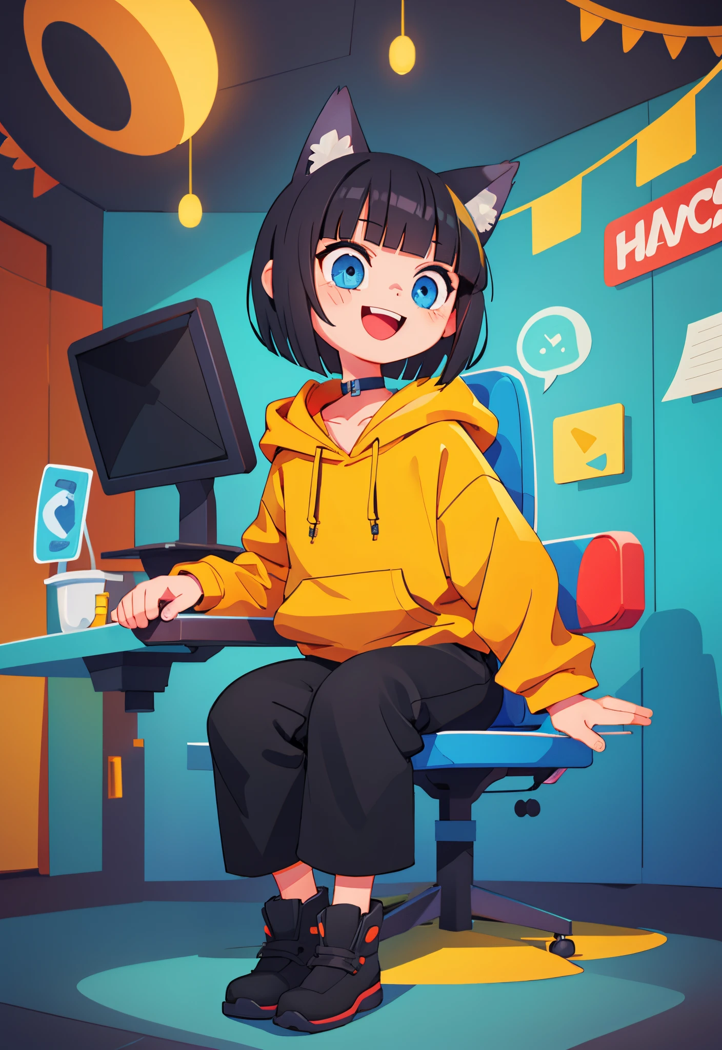 best quality, masterpiece, highly detailed, kawaii,
BREAK (short boy:1.3), 1boy, solo, (short hair, straight hair, black hair, blunt bangs, azure eyes:1.3), (wolf ears), choker, fangs, blush, (realistic:0.8), (sitting in chair, holding a gaming control.)
(oversized clothes, puffy sleeves, red and yellow hoodie, black boots, black pants), happy, :D,
BREAK cute aesthetic illustration, stylized digital art, colorful paint style,
