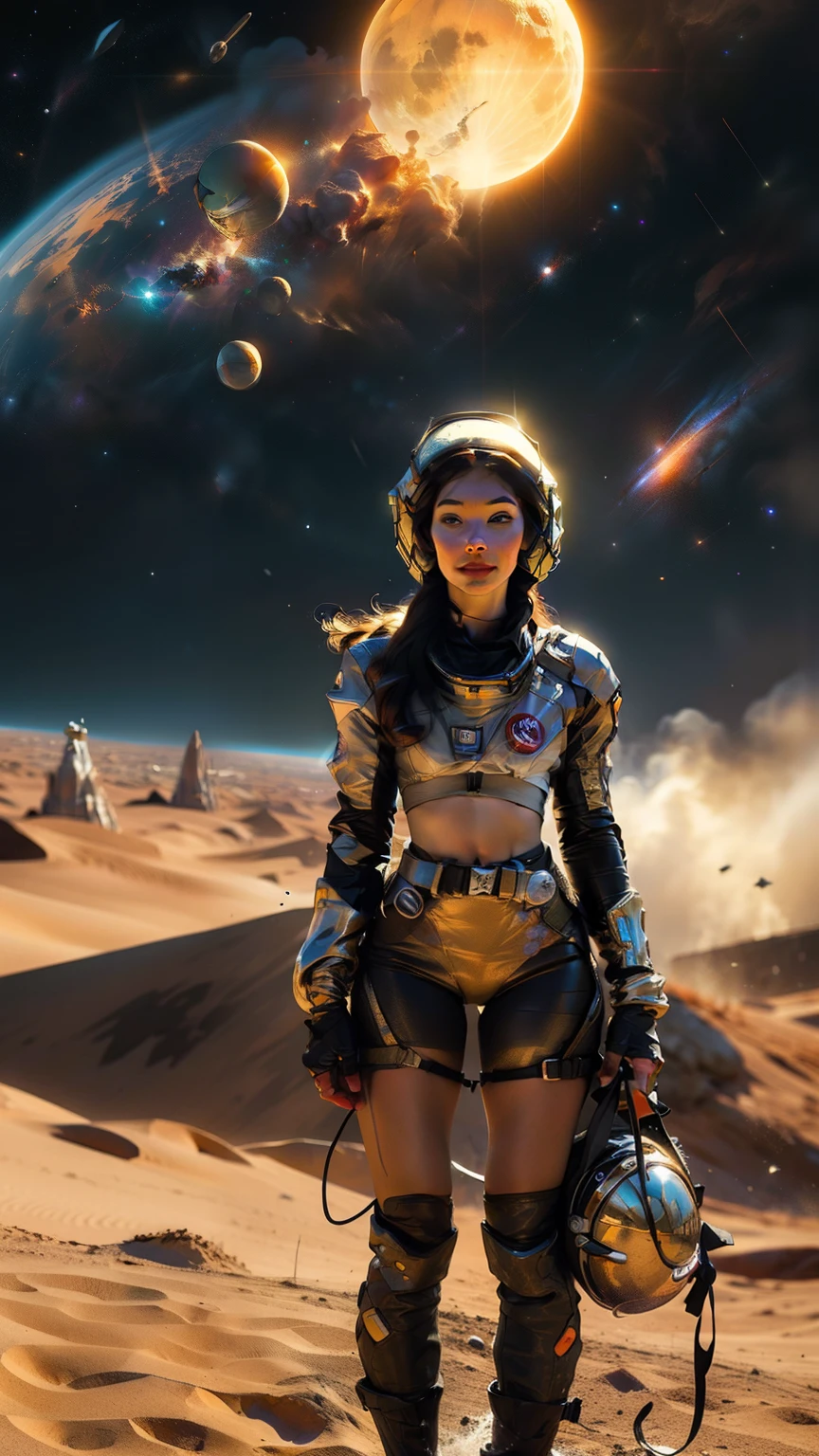 Astronaut style white and gold trim bikini (breast) and clear helmet, with a group of soldiers behind her, beautiful sci-fi art, beautiful smile, waiting for a kiss, turning and looking at the camera, space warrior, sunrise over solar punk city, stoner rock, mars invasion, epic album art cover, sexy movie photo, cinemascope panorama, high stylized and 1940’s poster, cosmic style, 8k cinematic, golden ratio, cosmic mayhem, light particles, wet look, golden hour, realistic, masterpiece, highest quality, lens flare, shade, bloom, [[chromatic aberration]]